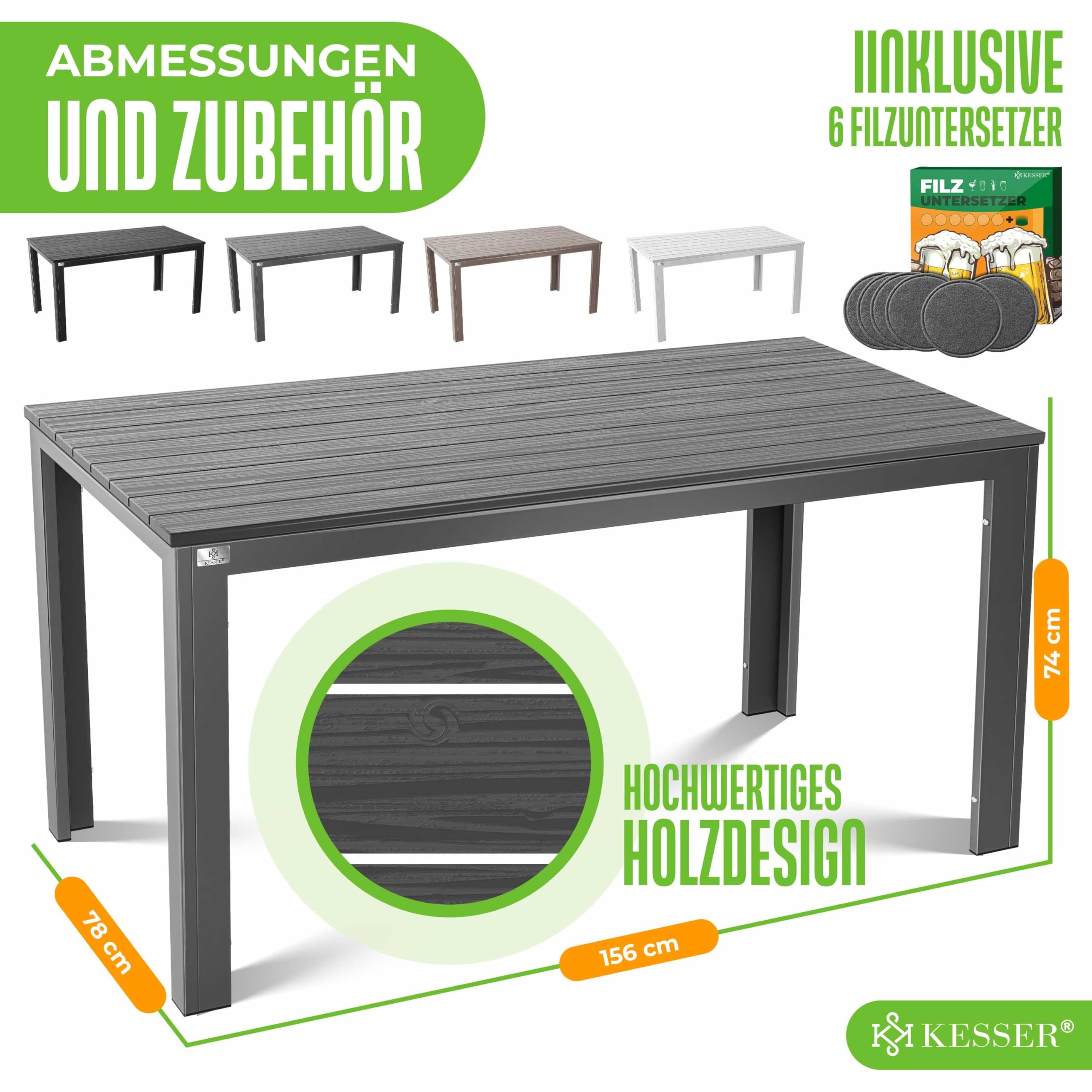 KESSER® Gartentisch 156x78cm für bis 6 Personen Esstisch Wetterfest & UV-Beständig | Outdoor Tisch mit pulverbeschichteter Stahl-Gestell & Kunststoff Tischplatte in Holz-Optik inkl. 6 Filz-Untersetzer