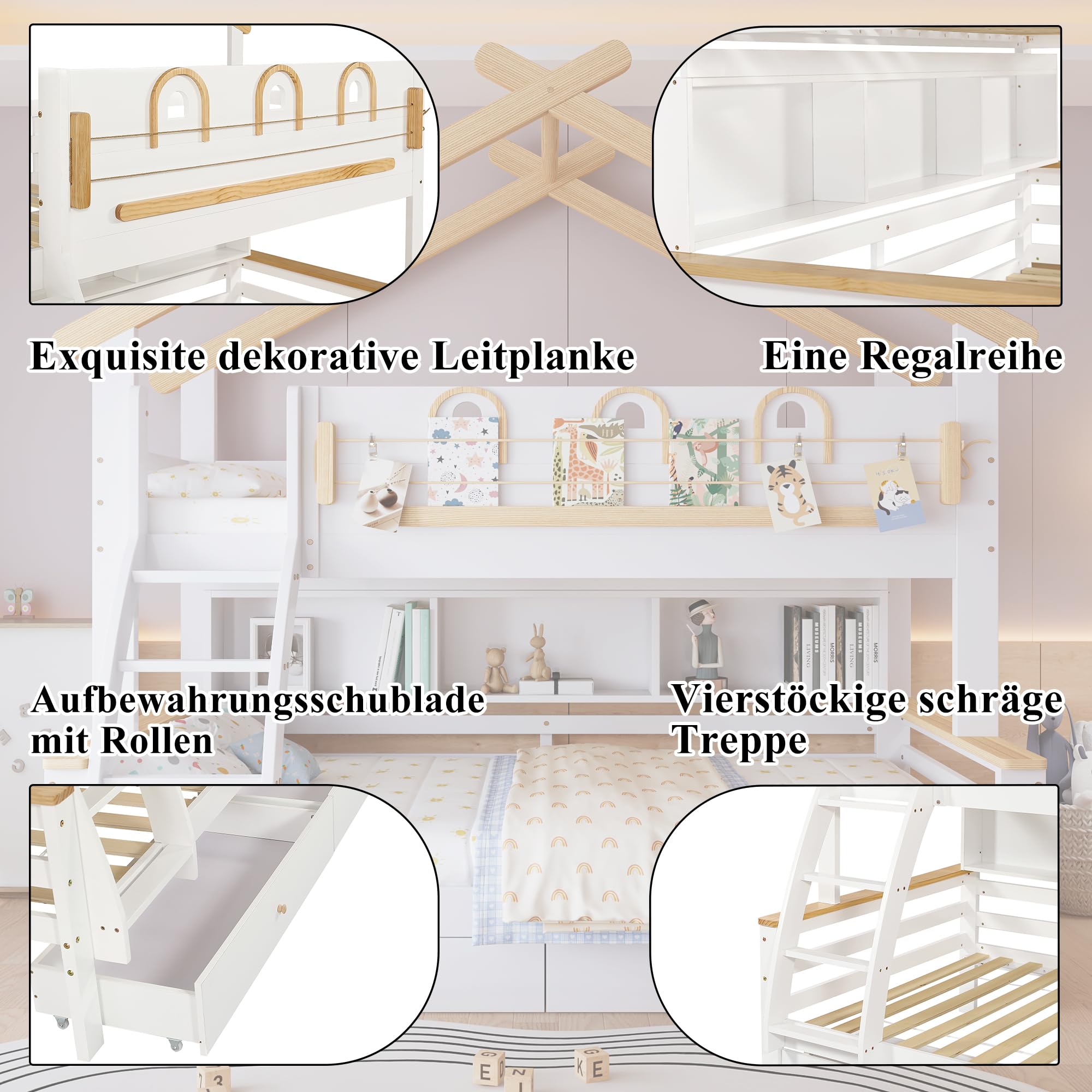 Litera, cuna, dos cajones con ruedas, exquisita barandilla decorativa y diseño de techo, escalera inclinada de cuatro pisos, pino + MDF, blanco + natural, 90 x 200 cm y 120 x 200 cm