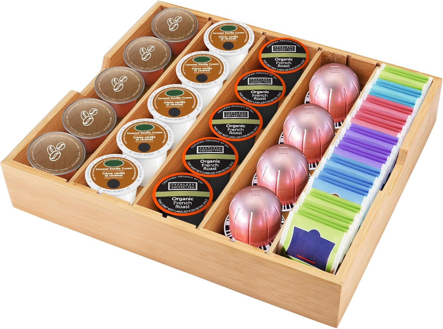 Bamboo K Cup Holder for Counter, Coffee Pod Drawer Organizer Compatible with Nespresso Vertuo Capsules, 25-36 K Cup Drawer Organizer for Coffee Station Home and Office K Cup Storage