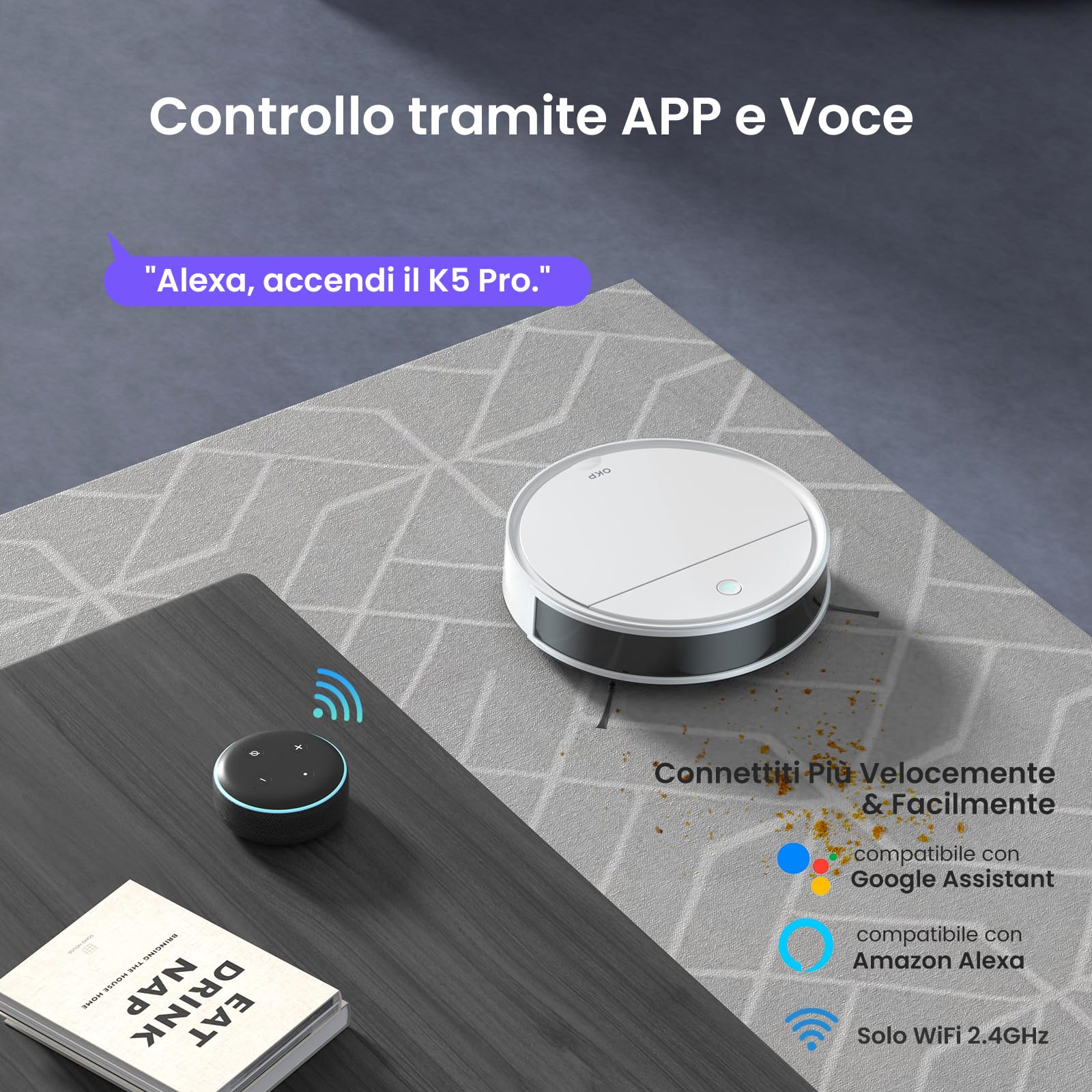 OKP K5 Pro Robot Aspirapolvere, 5000Pa di Potenza Aspirazione, 180 Min Autonomia, 7,7 cm Ultra Sottile, Evitamento Ostacoli PSD, Ricarica Automatica, Adatto Per Pavimenti Duri/Animali, WiFi/App/Alexa