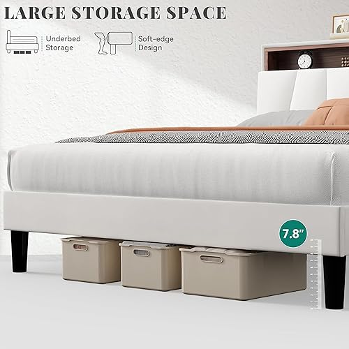 Miniatura 5 de YITAHOME Base de cama de tamaño matrimonial, marco de cama LED con cabecera tapizada de terciopelo de almacenamiento, cama de plataforma con salida