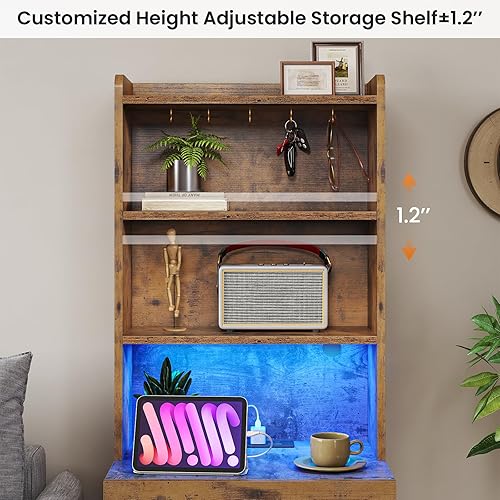 Miniatura 6 de VIAGDO - Juego de 2 mesitas de noche altas con estación de carga y luces led, color marrón rústico, con estantería, led, modernas, con 3 cajones y