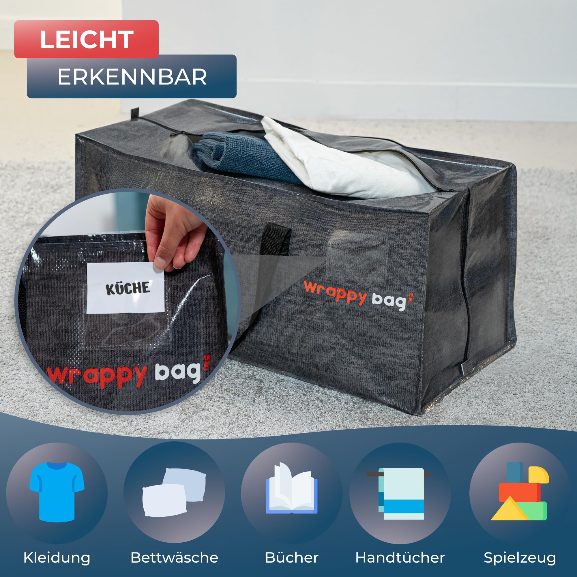 WRAPPYBAG 4er-Set Kunststoff Aufbewahrungstasche – Jumbo XXL Tasche Groß – Wasserabweisend, Stabil, mit Verstärkten Rucksackgurten – Ideal für Kleidung und Bettwäsche – 76 x 36 x 38 cm
