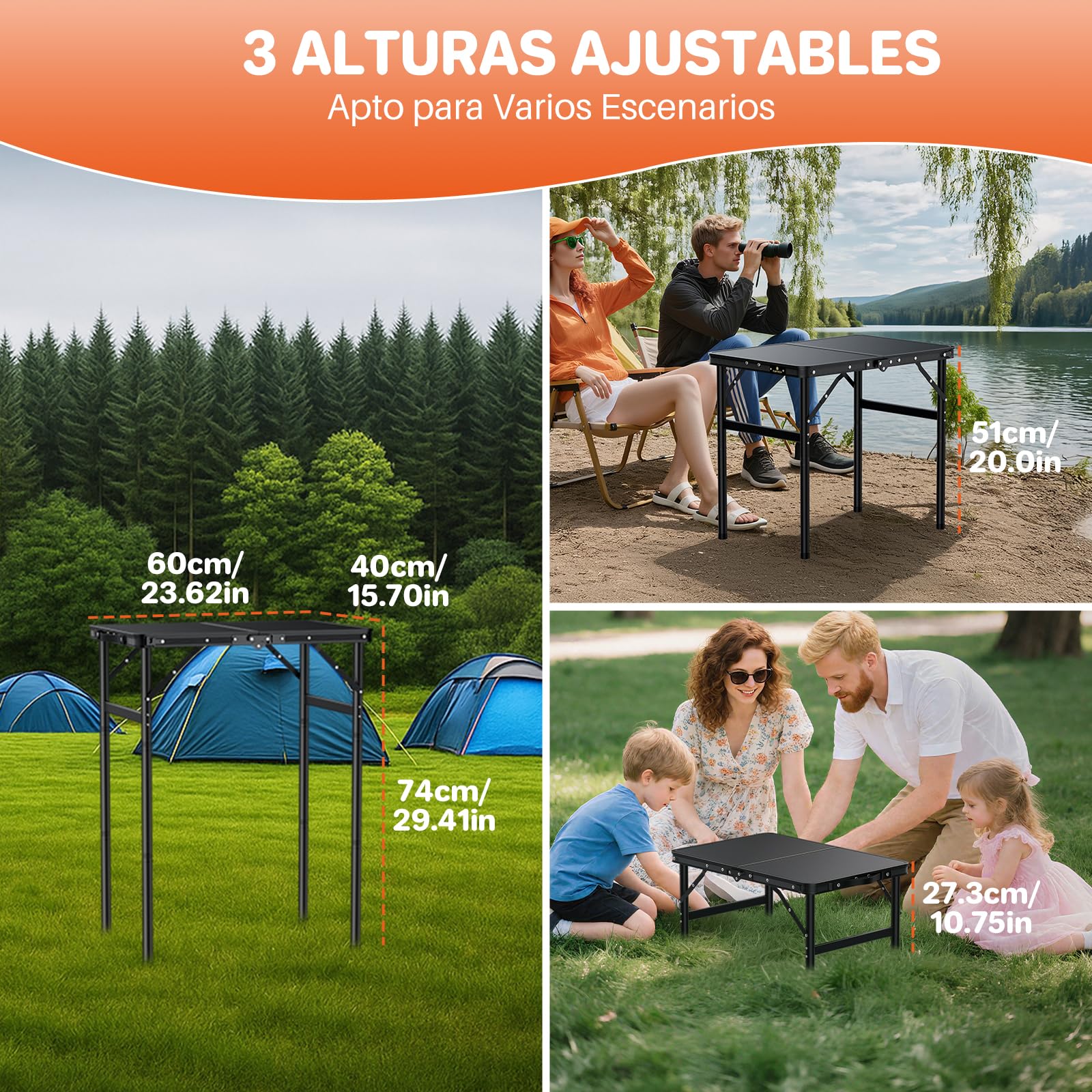 FUNYKICH Mesa Plegable Camping con Rosca 60x40cm 3 Alturas Ajustables (27/51/75cm), Mesa Plegable Portátil Aluminio, Panel de MDF, Ligera y Duradera,Bolsa de Almacenamiento, para Camping,Pesca,Hogar