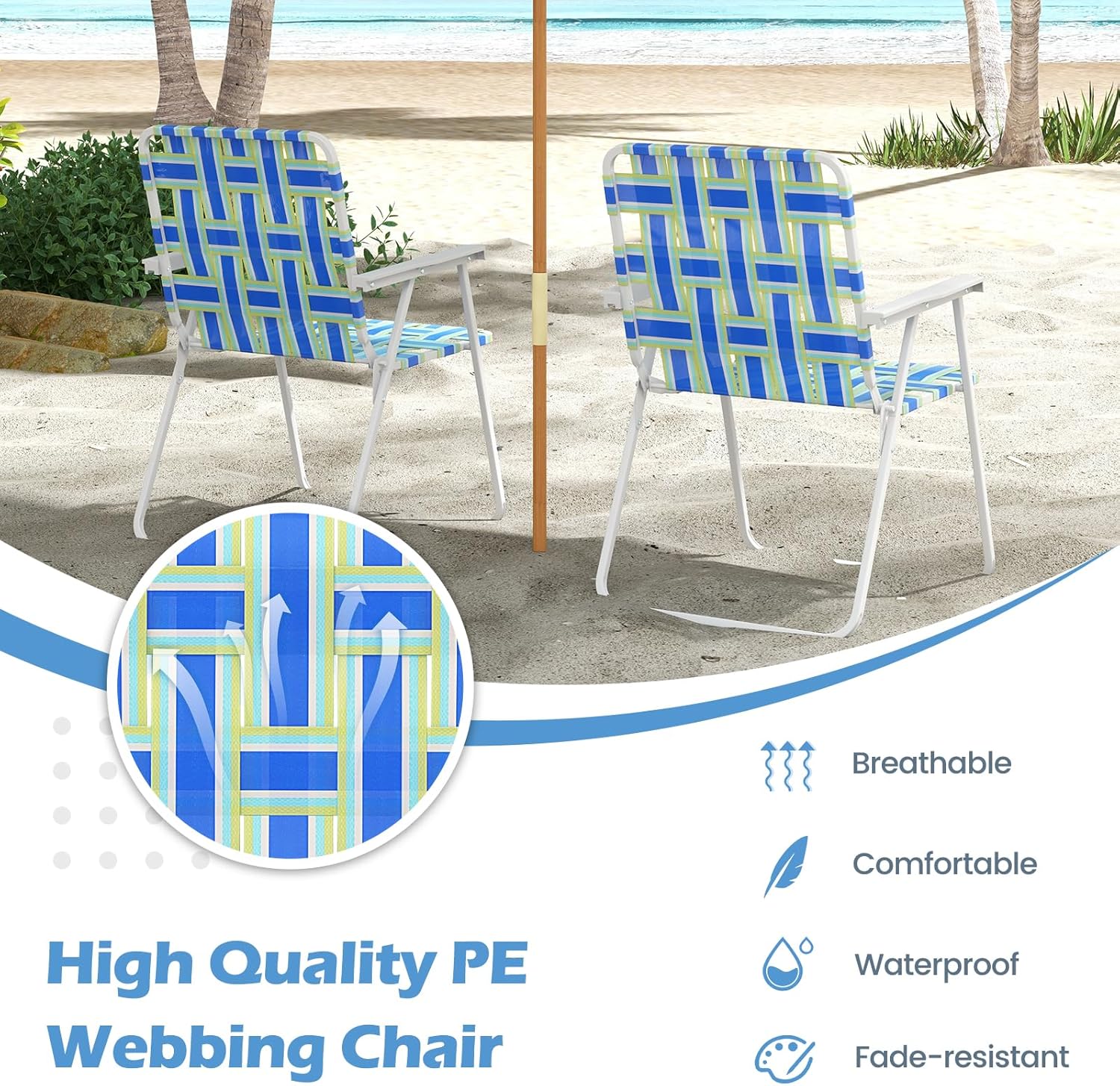 GYMAX Folding Chair, Patio Lawn Chair Set with Armrest, Indoor/Outdoor 2 Pack Webbed Lightweight Dinning Chair, Portable Beach Chair for Outside, Poolside, Backyard (Blue & Green, 6)