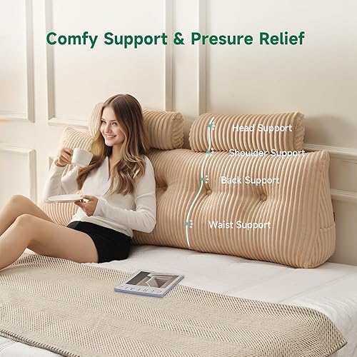 Miniatura 4 de Z-hom Almohada de cuña grande para cabecero triangular, almohada de lectura con una almohada enrollable para cama sentada y dormir, cojín de