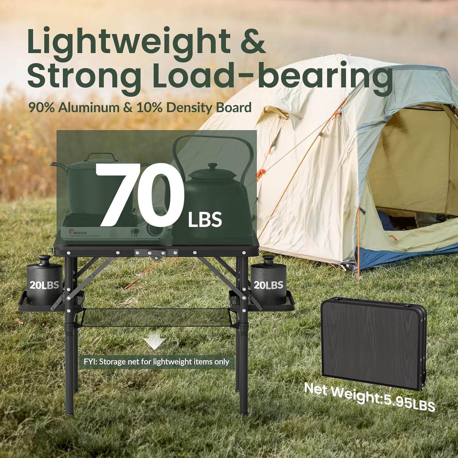 Titanker Folding Camping Table Small 2ft, Small Camp Table Portable with 50% Extra Space, Folding Picnic Set, Portable Beach Table, Car Camping Essentials, Aluminum Light & Solid