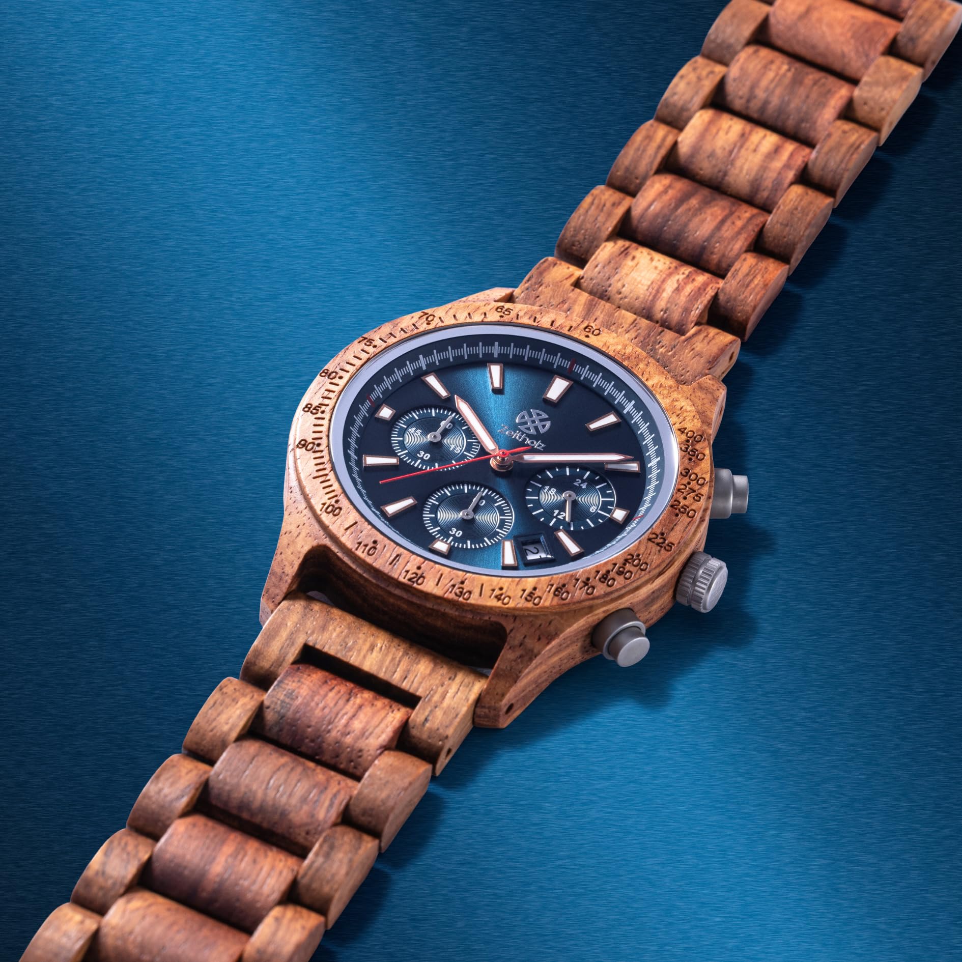 Holzuhr Herren, für Herren, Armbanduhr, Chronograph, Neue Bergen, Analog, 42mm, 100% Naturholz mit Japanischem Quarzwerk.