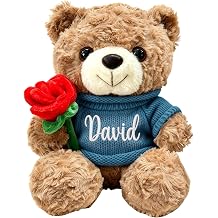 10/12/16 Inch Personalized Teddy Bear Holding Red Rose, Teddy Bear Stuffed Animal, Personalized Baby Gifts with Custom Name Embroidery for Girls Boys Birthday Anniversary, 11 Sweater Colors Available