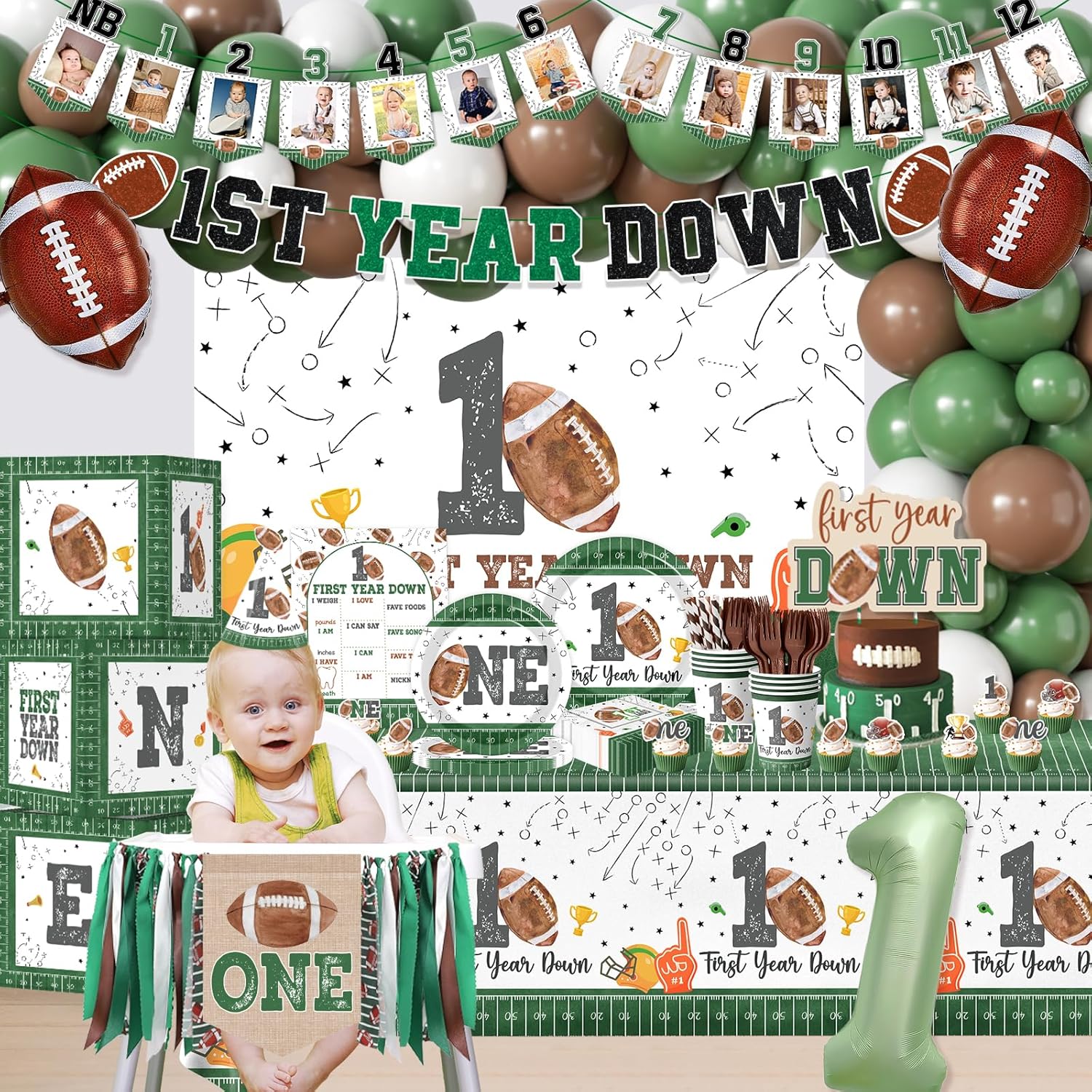 First Year Down Birthday Party Decorations, All-in-1 Football First Birthday Decorations with Balloon Arch Kit Photo Banner Highchair Banner One Boxes Plates Napkins Cake Toppers Tablecloths Backdrop