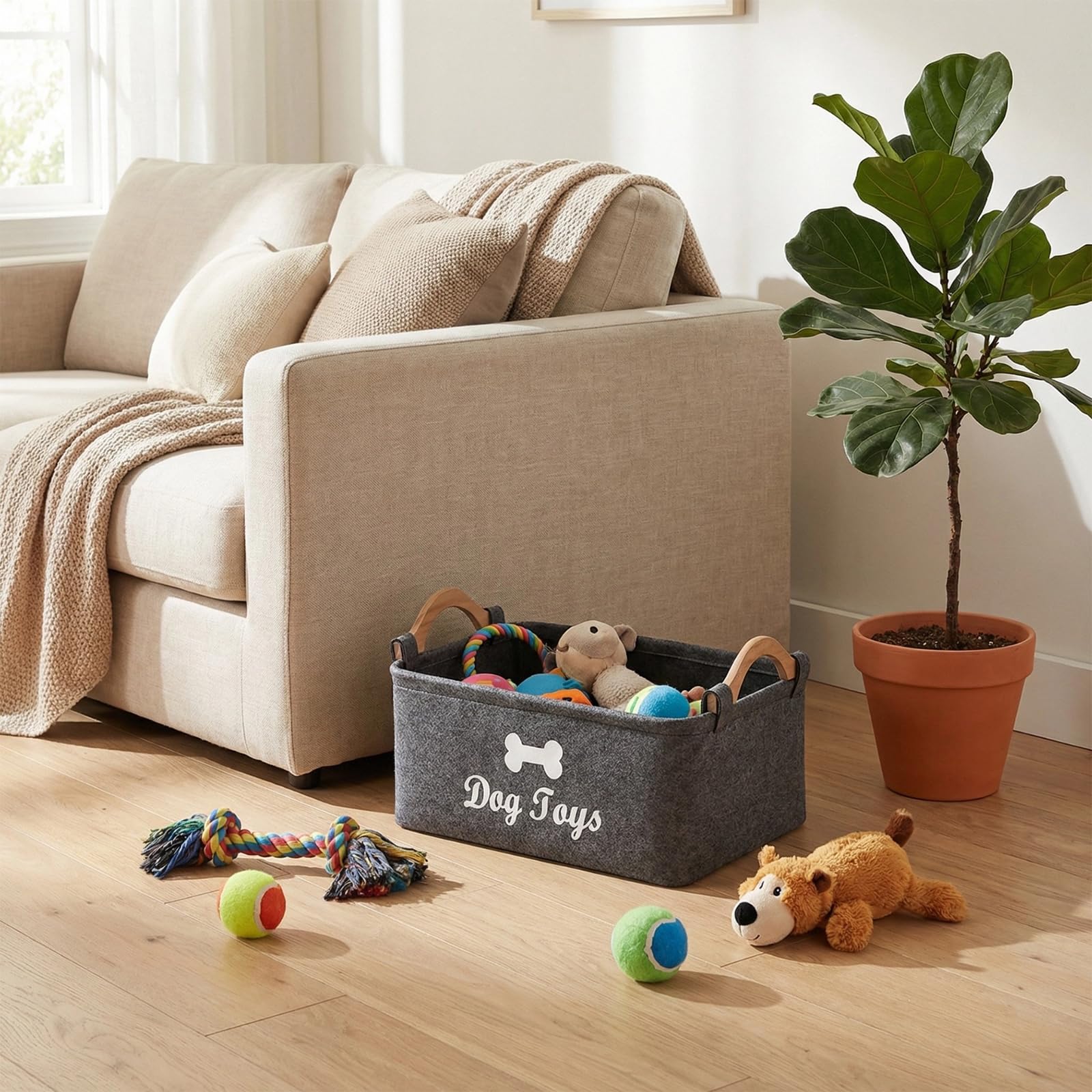 Vauki Caja de almacenamiento para juguetes para perros, 38 x 25 x 18 cm, plegable, de fieltro con mango de madera, cesta de almacenamiento para guardar suministros para mascotas y juguetes (gris