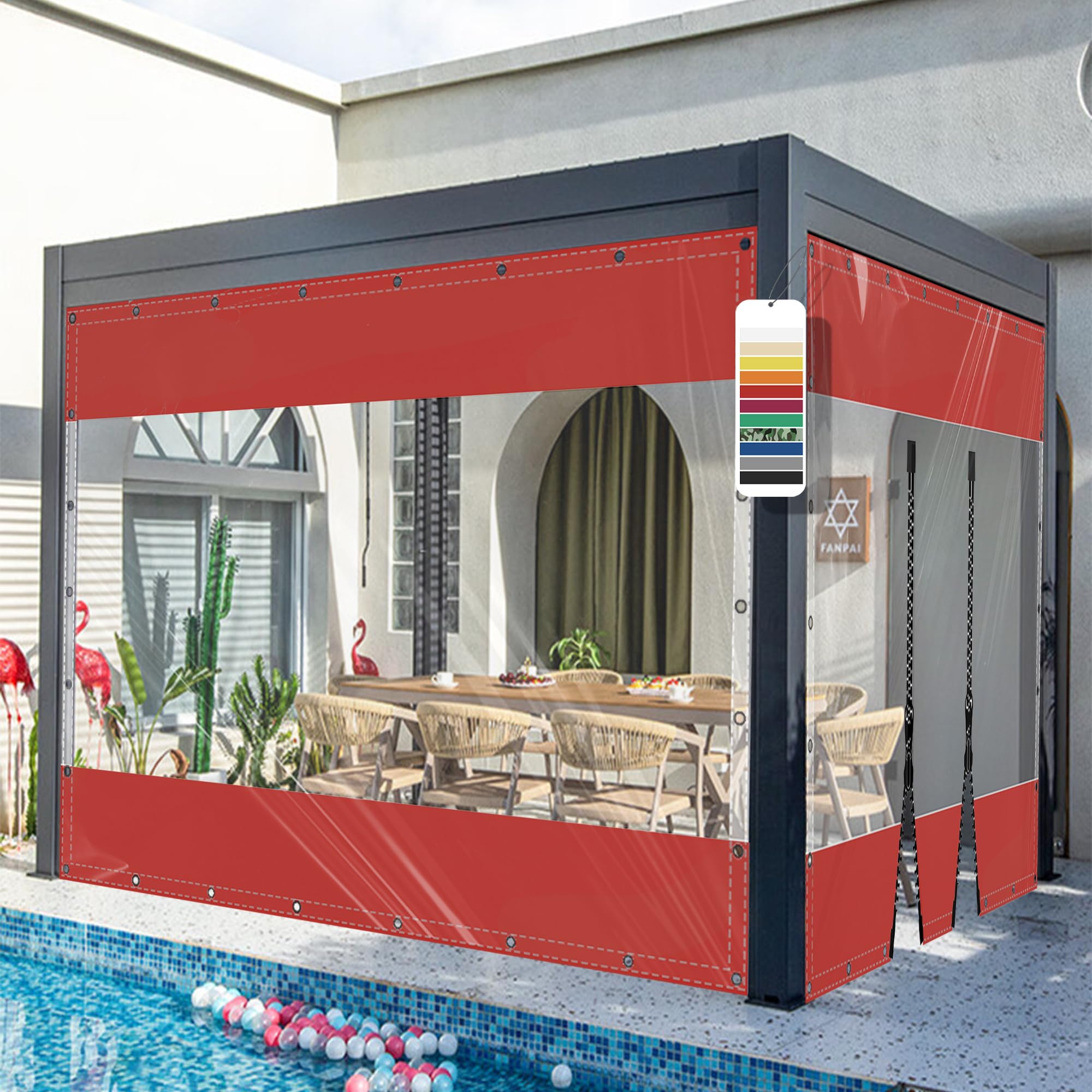 AMXFS Transparent tarpaulin with eyelets, crystal clear patio tarpaulin made of 580g/㎡ PVC Red H2.4mxL4.6m Outdoor Curtain Weatherproof Waterproof Rain Cover without Zipper