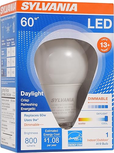 Miniatura 3 de Sylvania - Bombilla LED A19, 9 W, equivalente a 60 W, 13 años, regulable, 800 lúmenes, 5000 K, luz diurna, 1 paquete (78066)