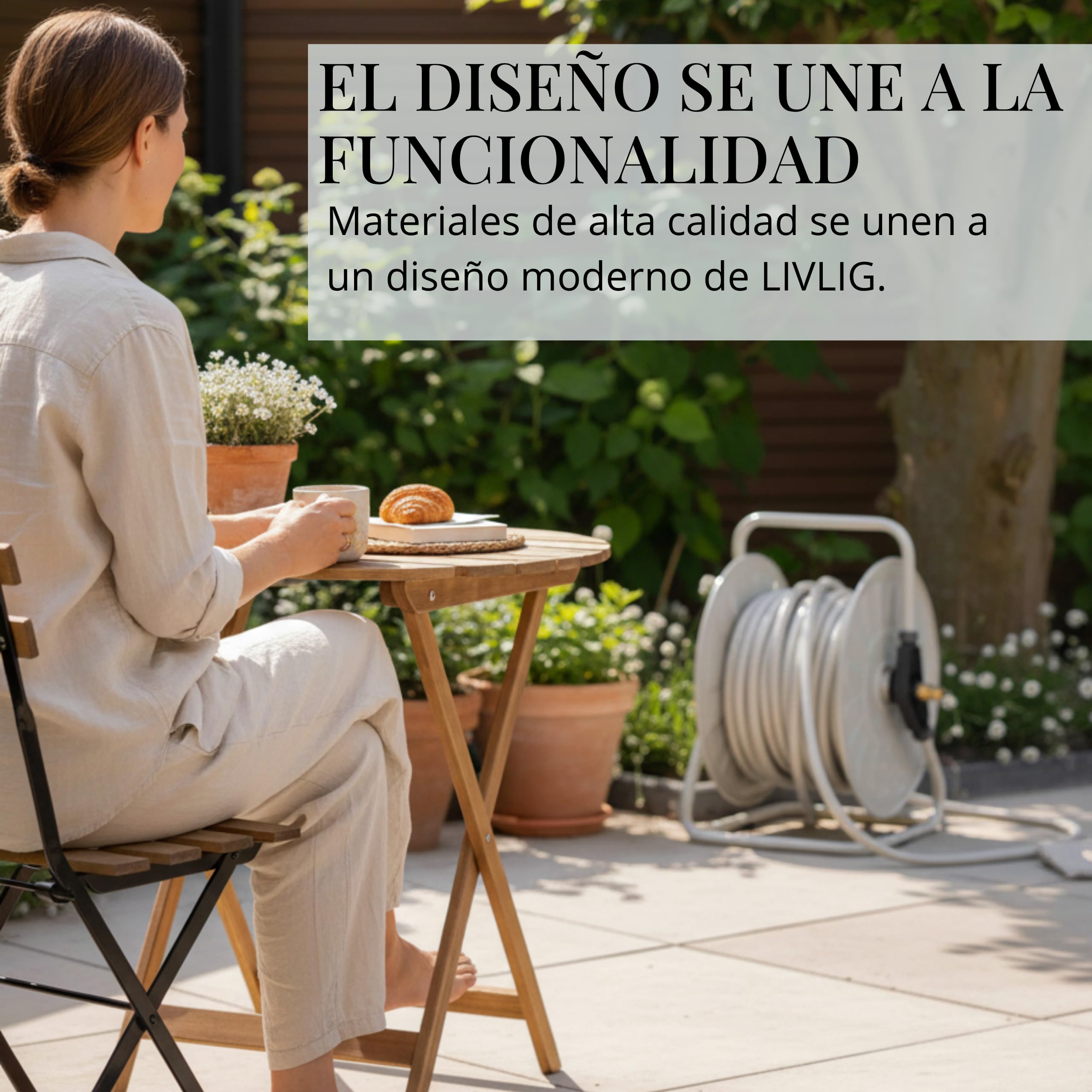 Livlig53 LIVLIG - Carrete de manguera de metal con recubrimiento en polvo, fabricado en Italia, soporte para manguera de jardín de hasta 50 m, montaje en pared y suelo, Greige