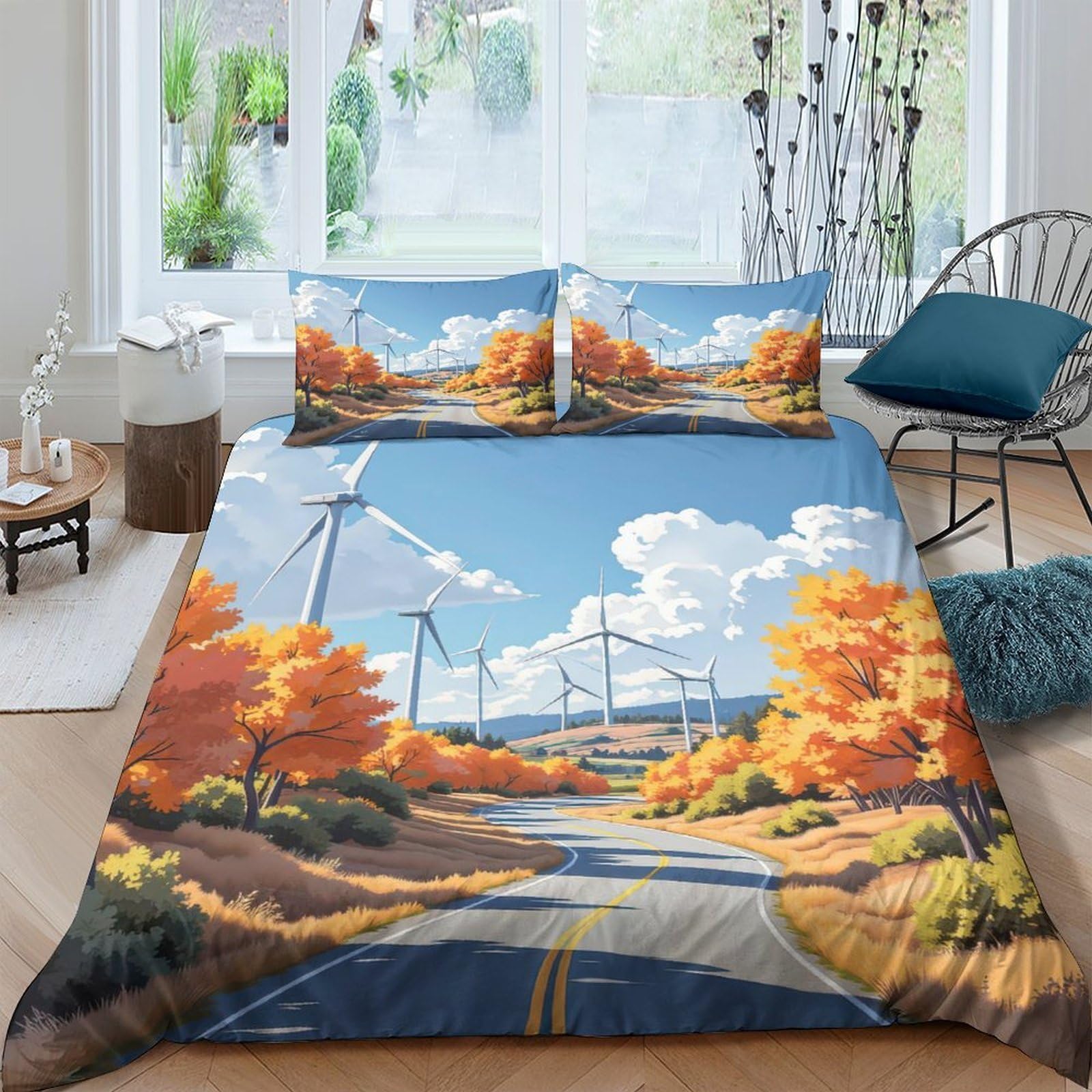 TUFRTGYHN 3D Printed Autumn Landscape Road Duvet Cover Microfiber Soft Breathable Wind Turbine Bedding Set with 2 Pillowcases for Bedroom Decor Single（135x200cm）