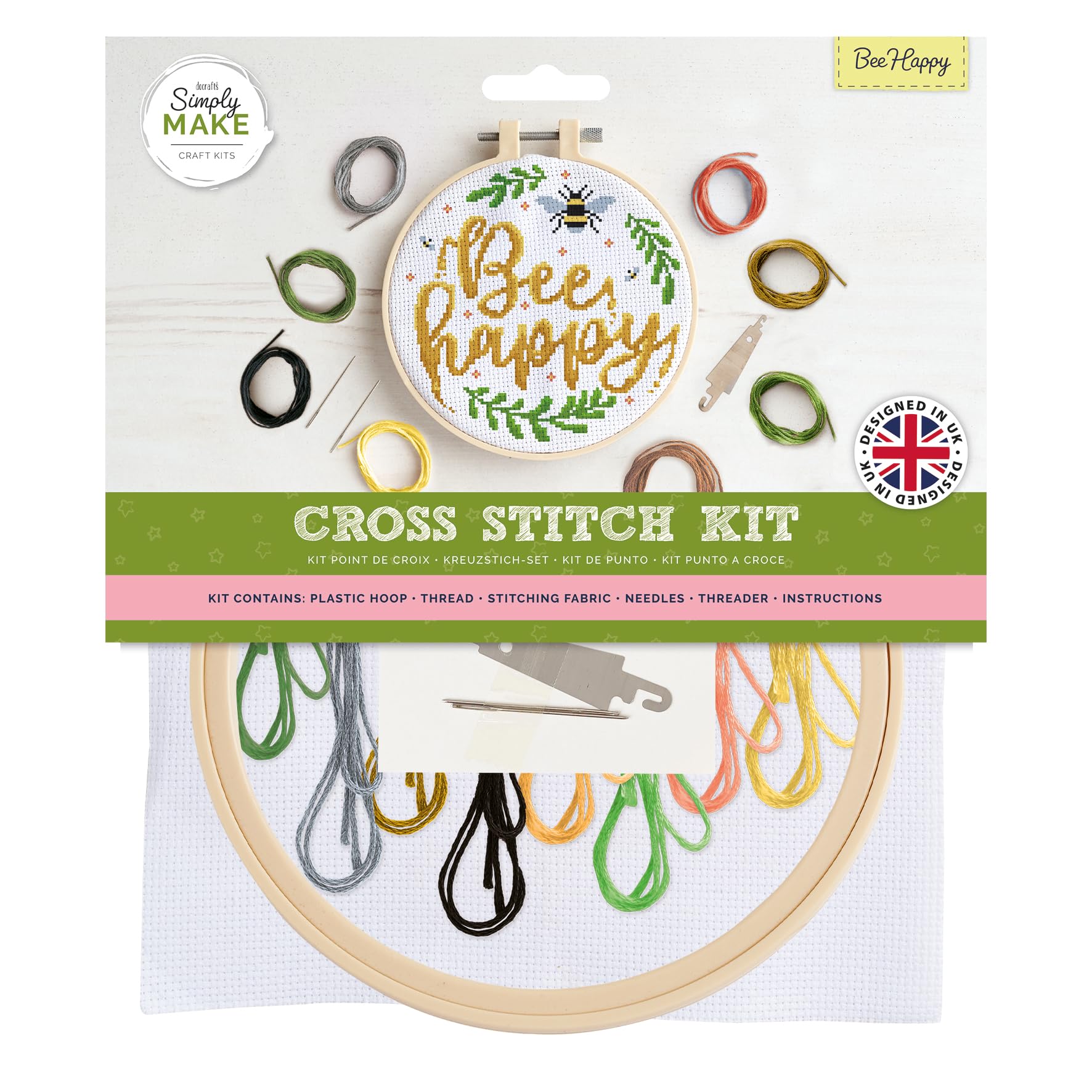 Simply Make Cross Stitch Kit, Bee Happy, Multicoloured, Single Craft Kit, Cross Stitch Kits for Adults, Sewing Kit and Embroidery Kit for Home Crafts, Embroidery Threads Included