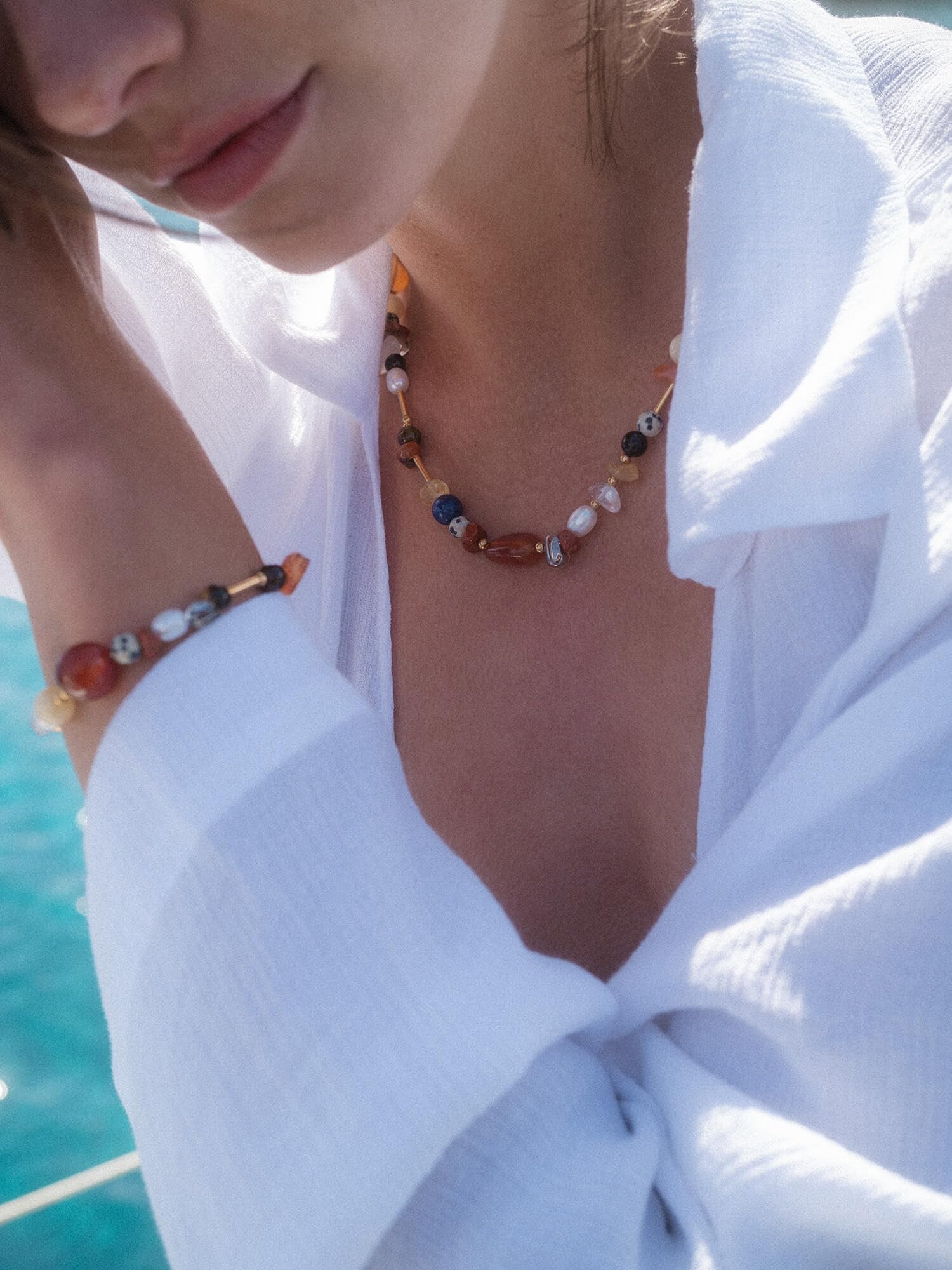 Purelei® Collar hawaiano con ágata roja, citrino, jaspe y perlas de agua dulce, acero inoxidable chapado en oro de 18 quilates, collar de mujer de 40 a 45 cm, colorido y atardecer