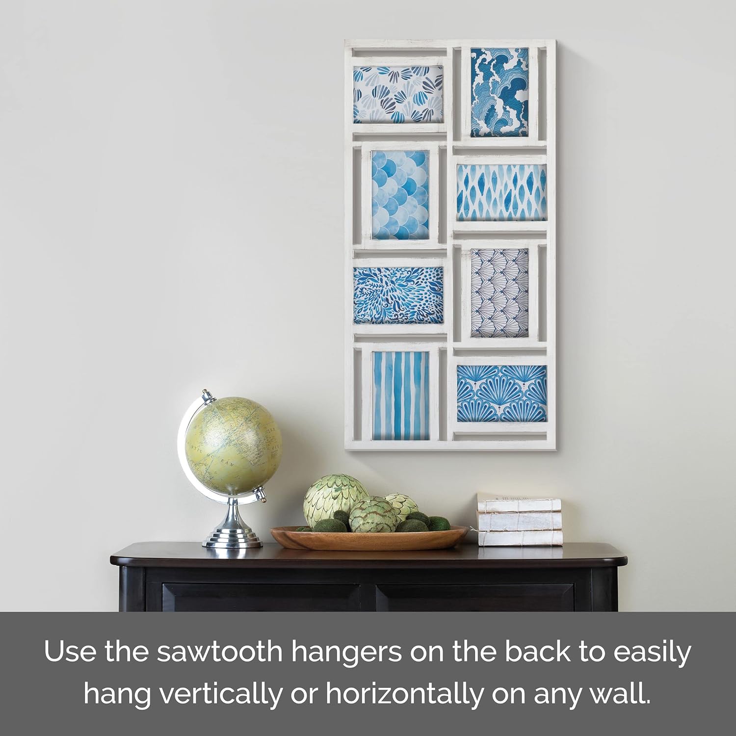 MELANNCO 8 Opening Collage Frame- Displays Four 4x6 and Four 6x4 Inch Photos, Horizontal or Vertical Display, 25x15 Inch, Distressed White