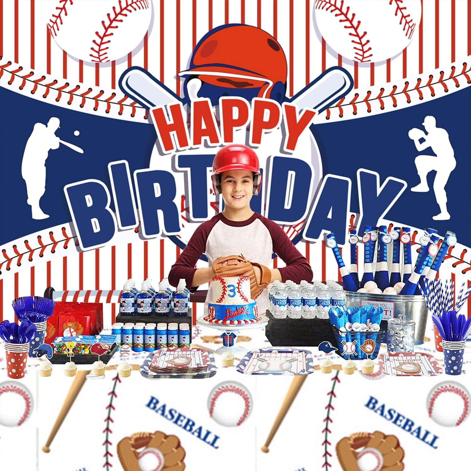 XCKALI Baseball Backdrop Tablecloth Set Baseball Theme Boys Children Teenagers Happy Birthday Party Sports Style Background Photo Booth Props 2PCS