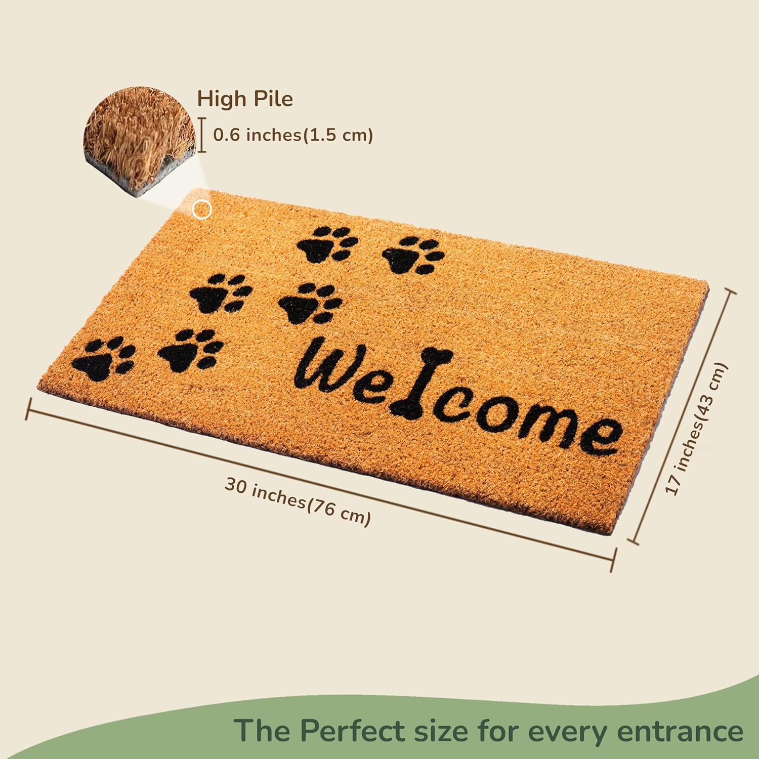 Coir Doormat, Front Doormat with Non-Slip PVC Backing, Printed Indoor Outdoor Welcome Mats for Home & Office, Door Mat, Entrance Mats with Paws Print, 30”x17”, Beige & Black