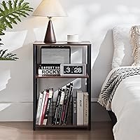 Vista 7 de LELELINKY Mesa auxiliar de roble nogal de 18 pulgadas de ancho, soporte para tocadiscos grande de 3 niveles con almacenamiento de hasta 130 álbumes