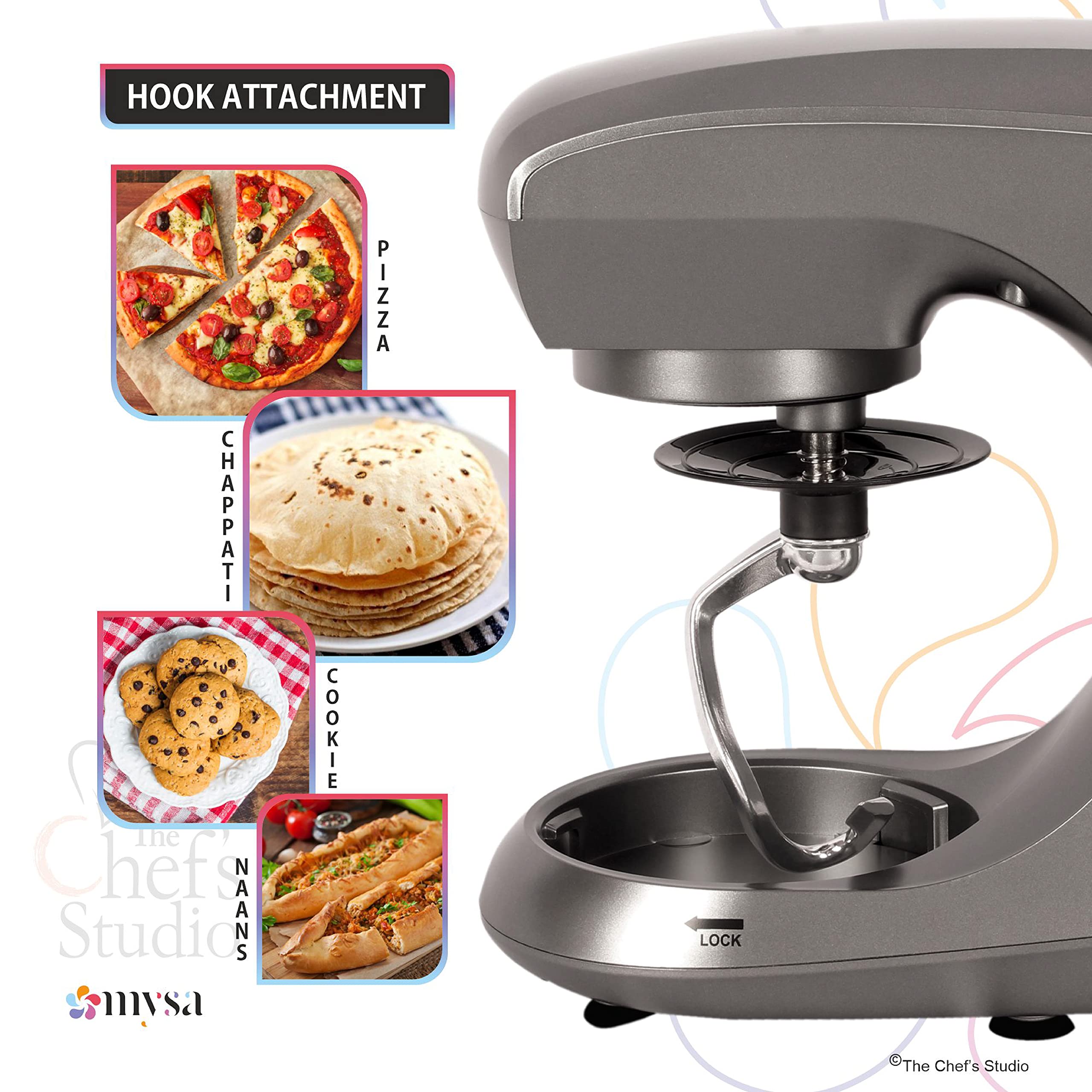 MYSA SM-1502 Stand Mixer 800 W Planetary Drive Food Mixer Tilt Head 5.5 Ltrs SS Bowl with 6 Speed for Baking and Cooking, Stainless Steel Bowl, Dough Hook, Wire Whisk and Beater, Grey 2