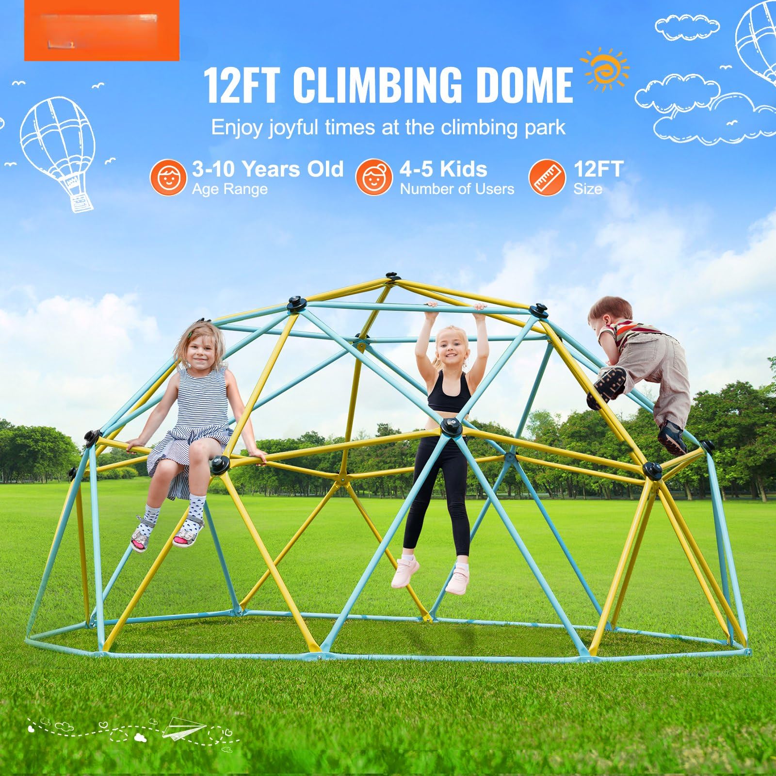 Kletterkuppel 3,66m geometrisch 340kg Tragfähigkeit für Kinder | 340 kg Tragfähigkeit mit verzinktem Stahl und glatten Klettergriffen für sicheren Spielspaß