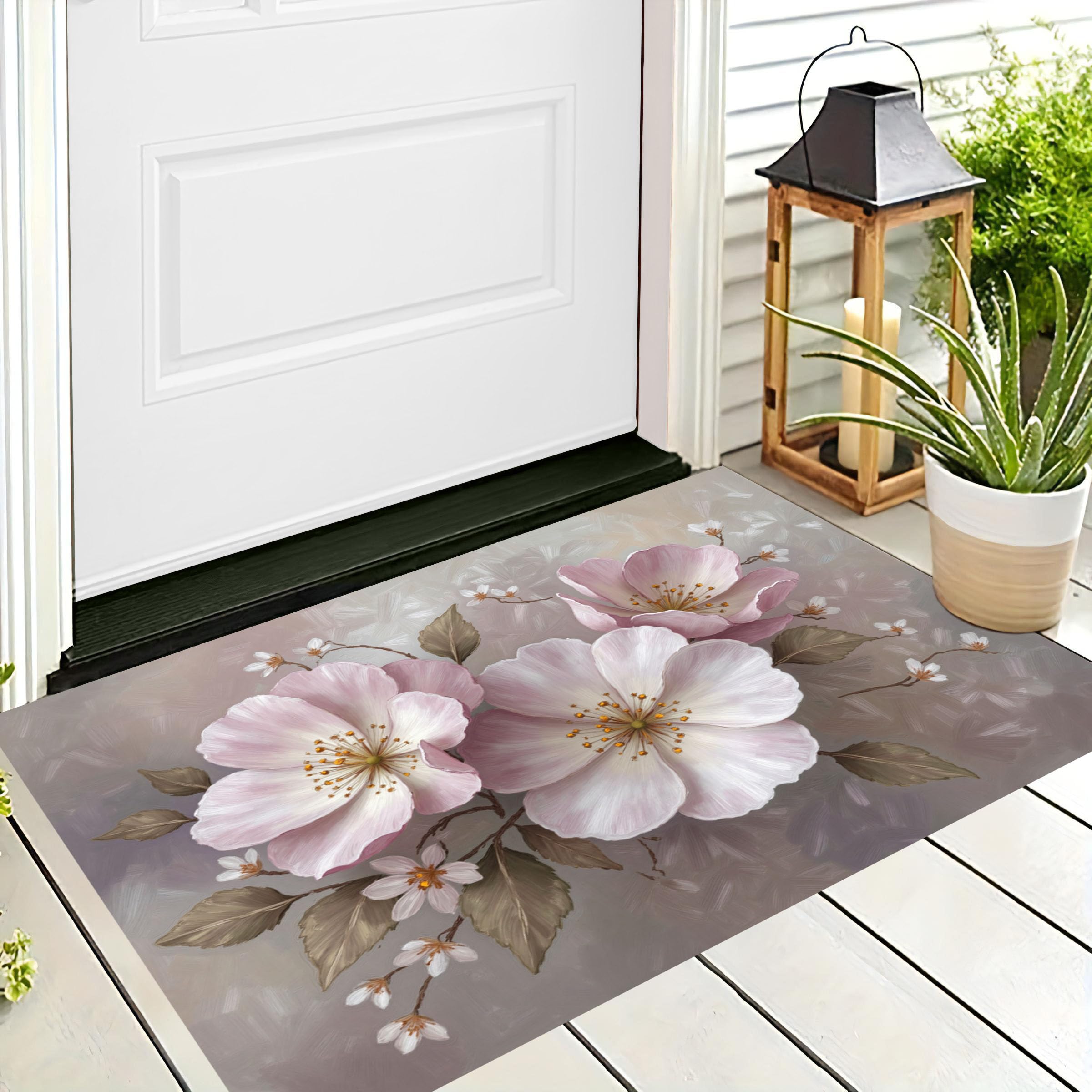 Tapis Rose Sauvage Aquarelle Beige Marron 50X80 cm pour Entrée et Salle de Bain