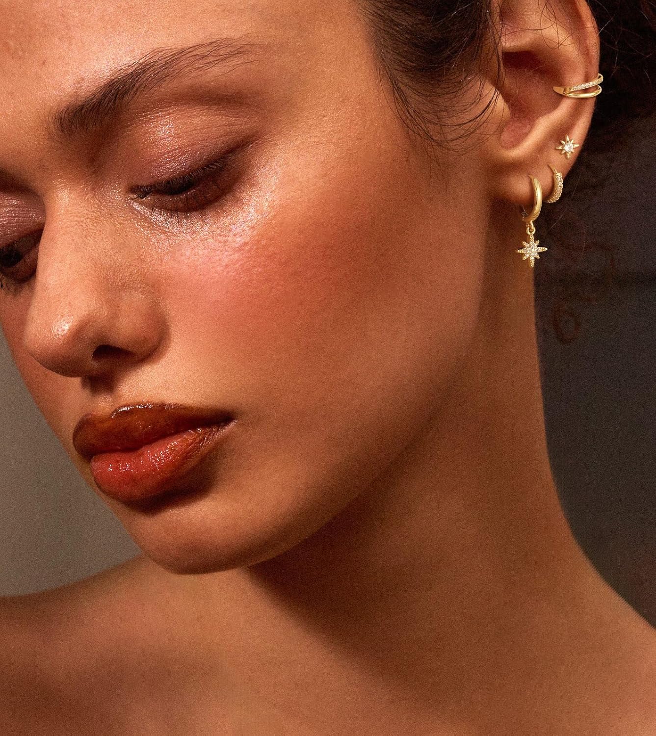 NECOCY 4 Pairs 14k Gold Hoop Plated Earrings Set for Women - Huggie Dangle Stack - Trendy Multiple Piercing Stud CZ Ear Cuff - Non Tarnish Jewelry - Image 4