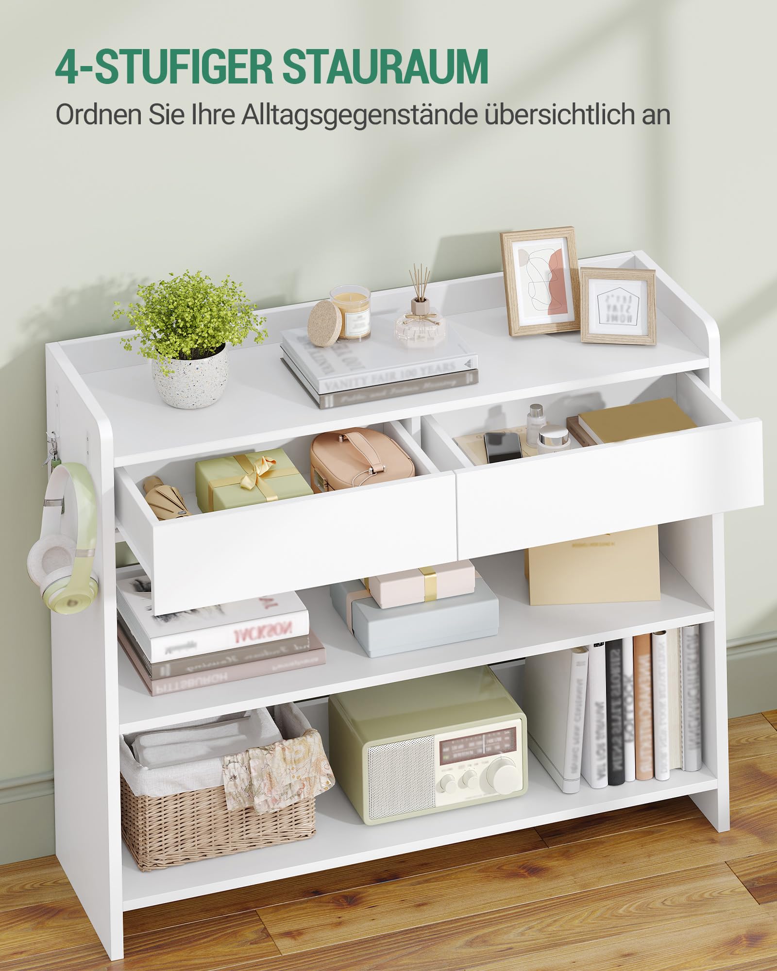 Hzuaneri Konsolentisch mit Schubladen, Flurtisch mit 2-Stufigen Ablagefächern, Beistelltisch mit Tischplattenreling, Zwei Haken auf Jeder Seite, für Flur, Wohnzimmer, 100 × 30 × 80 cm, Weiß CT01603X