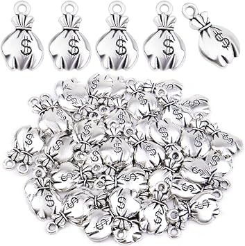 50pcs Antique Silver US Dollar Sign Charms Alloy Money Bag Dangle Pendants Jewelry Charms Accessories for DIY Necklace Bracelet Crafts Decoration