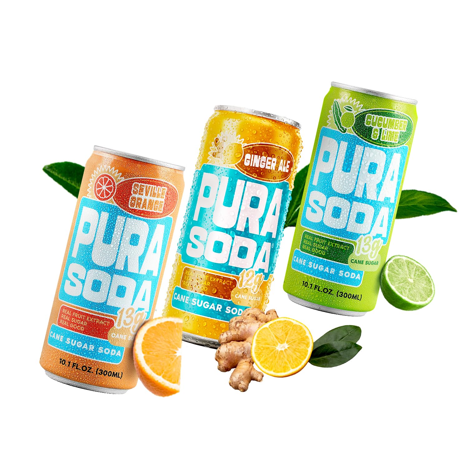PuraSoda® Zest Fest Soda Variety Pack - Cucumber & Lime, Orange, & Ginger Ale | 10 fl oz (Pack of 24) | 65 Calories, 13g Real Cane Sugar, Real Fruit Extracts | Non-GMO, Vegan, No Stevia or Artificial Sweeteners