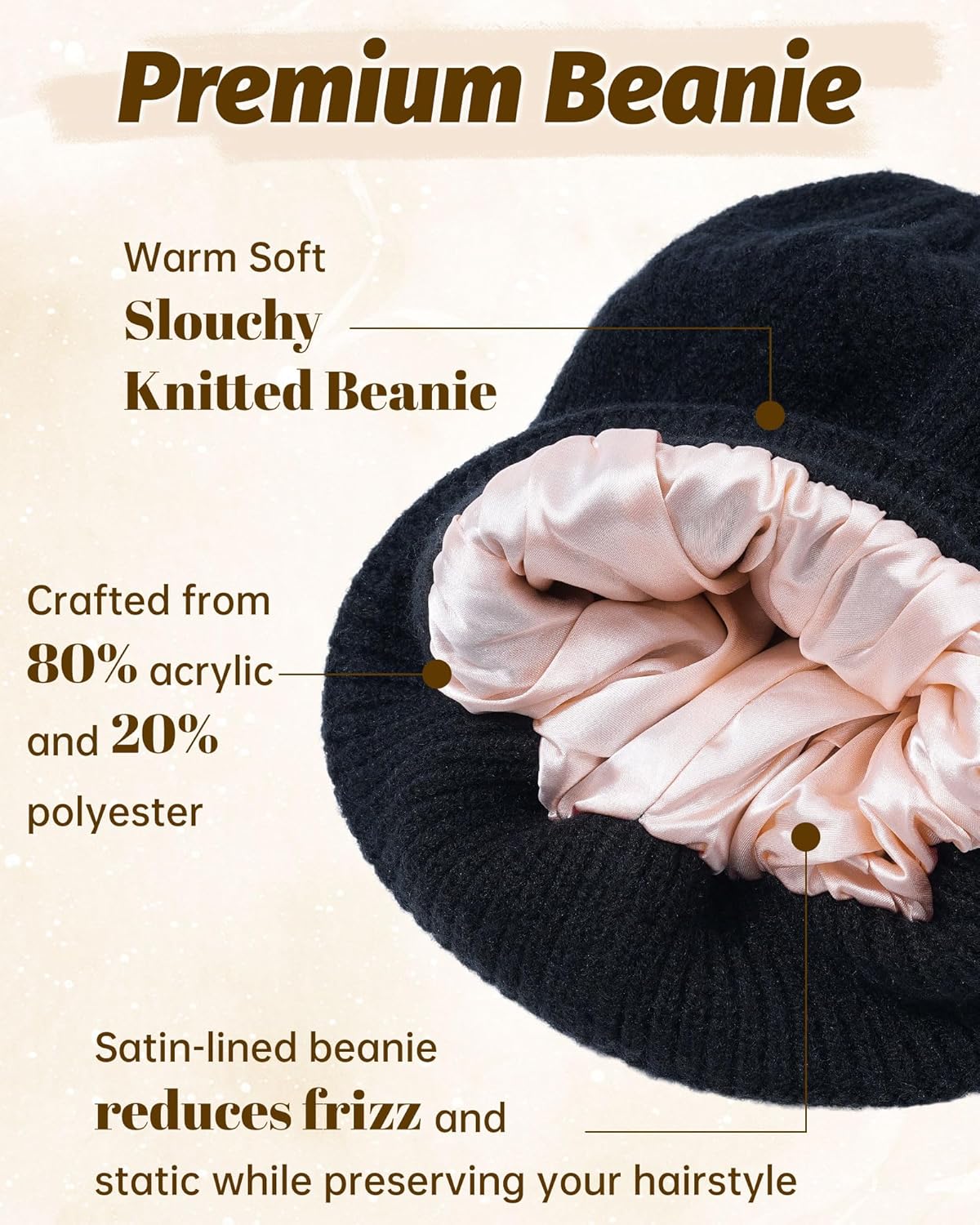 Mesovor Satin Lined Beanie Hat for Women, Acrylic Winter Silk Lining Soft Slouchy Beanies | Unisex Warm Knitted Cuffed Cap - Image 2