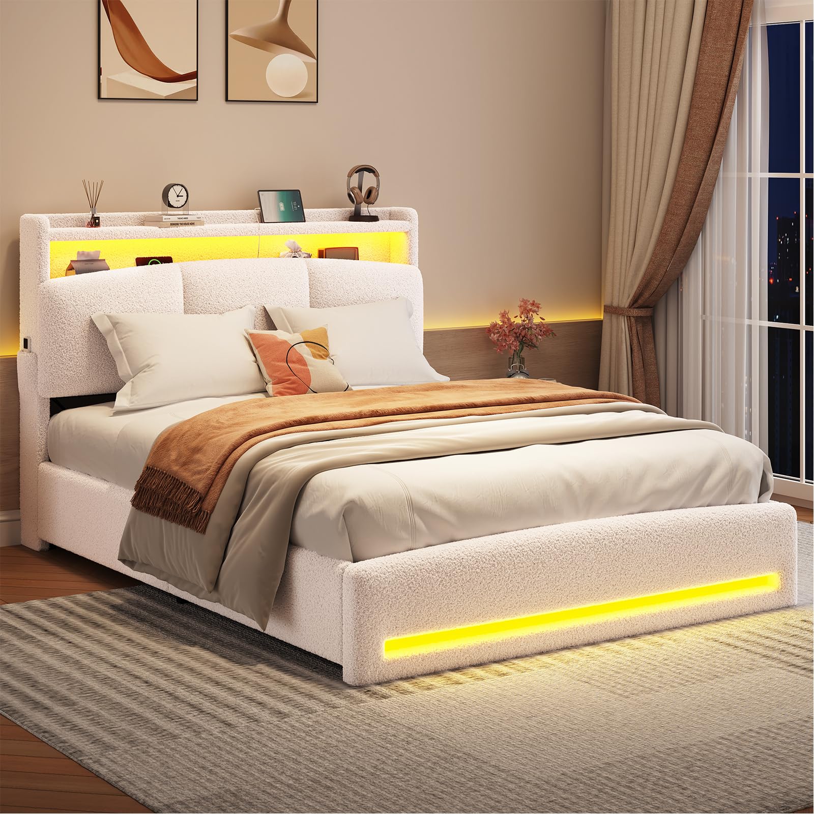 AOGLLATI Polsterbett 140×200 mit Steckdosen und LED-Beleuchtung, Doppelbett mit Stauraum Kopfteil, Bett 140×200 mit Hydraulische Metallrahmen und Lattenrost aus Holz, Bouclé, Beige（Ohne Matratze）