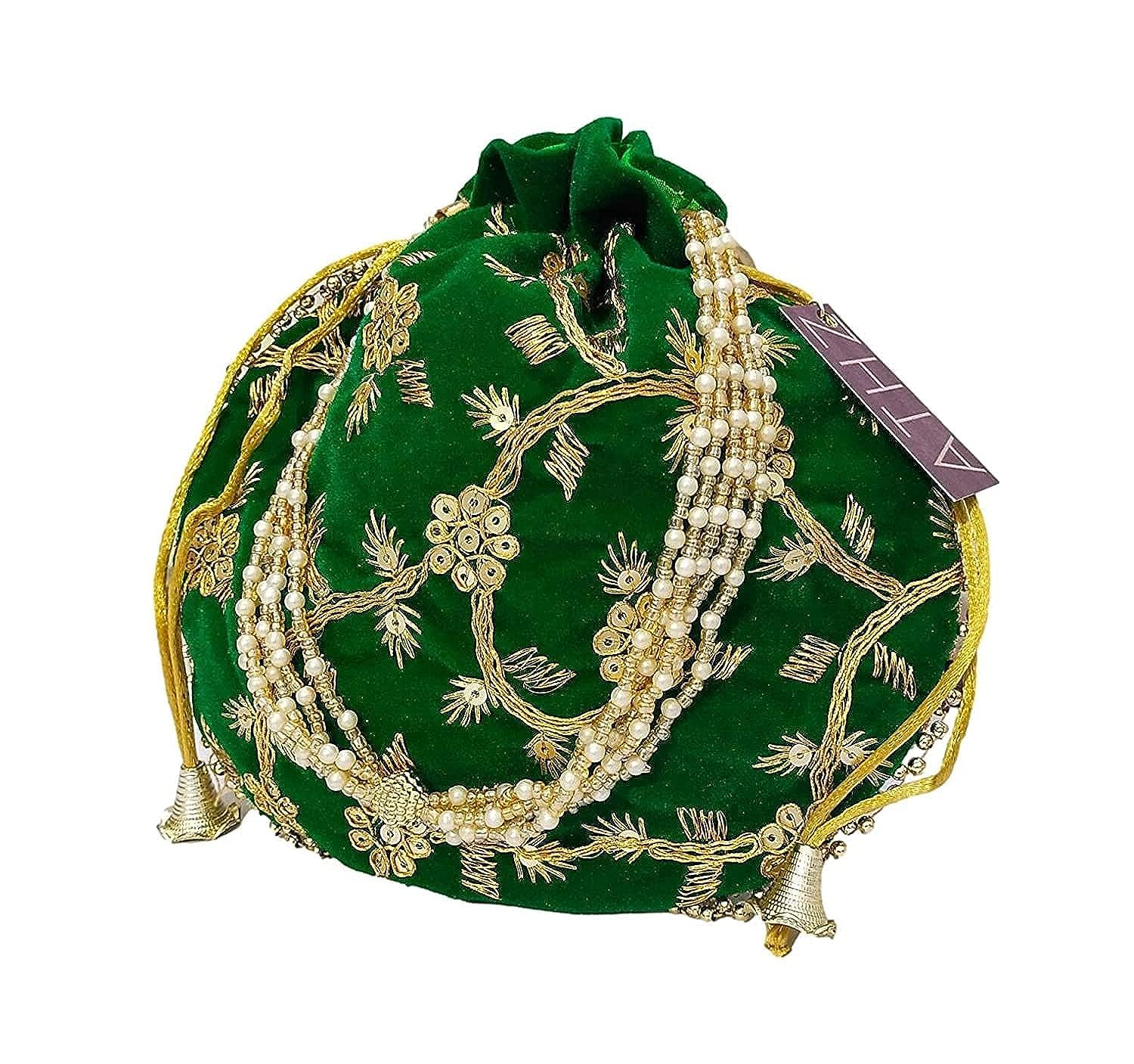 ATHZ Potli Bag Velvet Golden work wedding potli for ladies (Bright Peach, Beige, Rama Green) 2