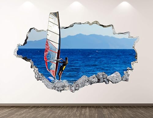 West Mountain Windsurf Wall Decal Art Decor 3D Smashed Sport Sticker Mural Kids Room Custom Gift BL87 (70" W x 40" W)