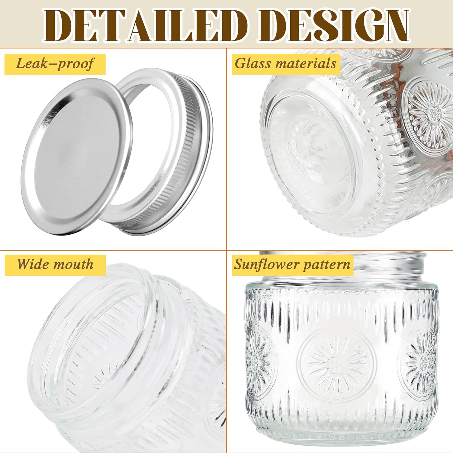 Mason Jars 8 oz - Vintage Small Glass Mason Jars with Silver Metal Lids, Regular Mouth Canning Jars, Safe For Storage, Canning, Pickling, Preserving, Fermenting, DIY Crafts & Decor (12Pack)