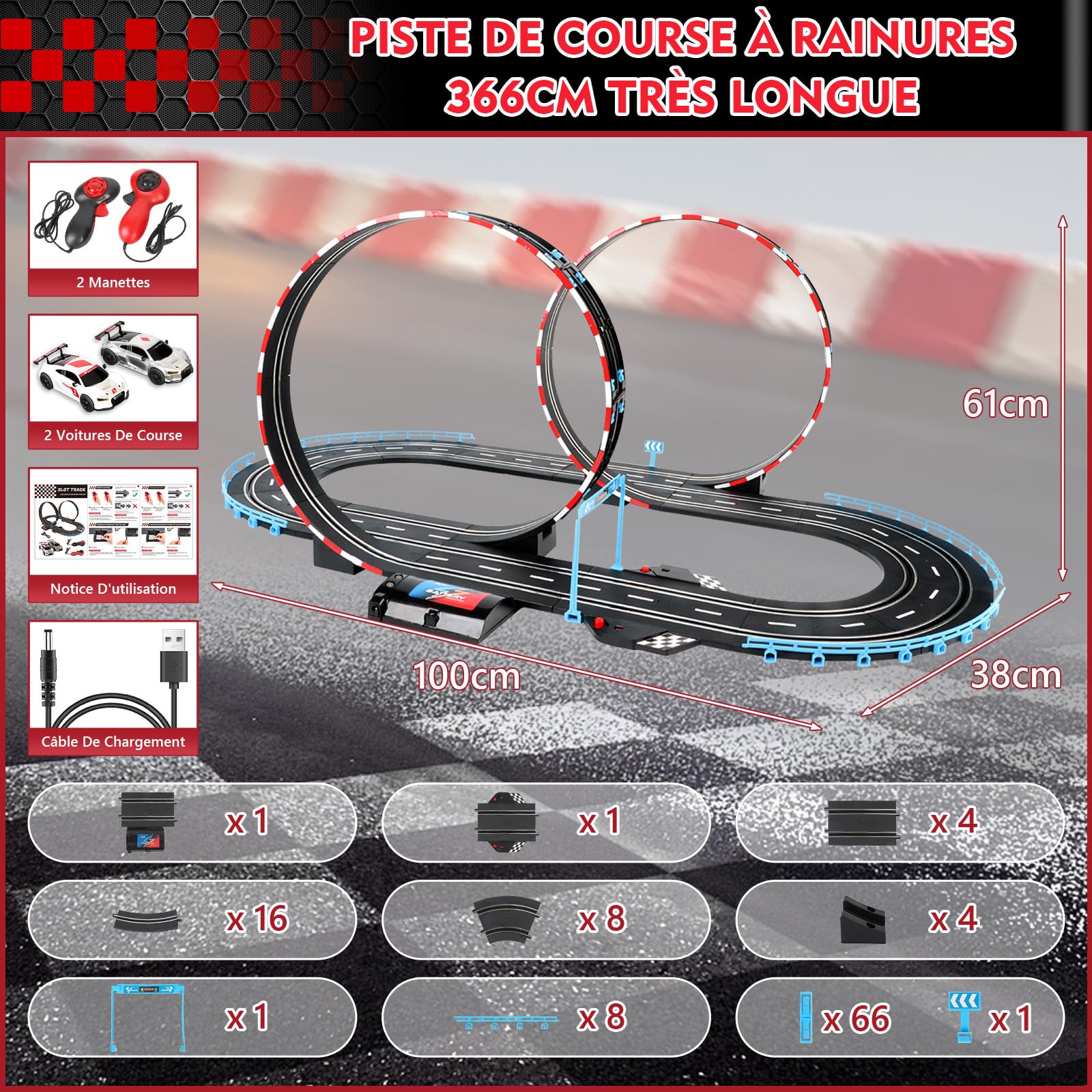 Charmofun Circuit Voiture Electrique pour Enfants, 2 Slot Cars Racing Échelle 1:43 Circuit de Course Electrique avec Voitures et Accessoires 6 7 8 9 12 Jahren