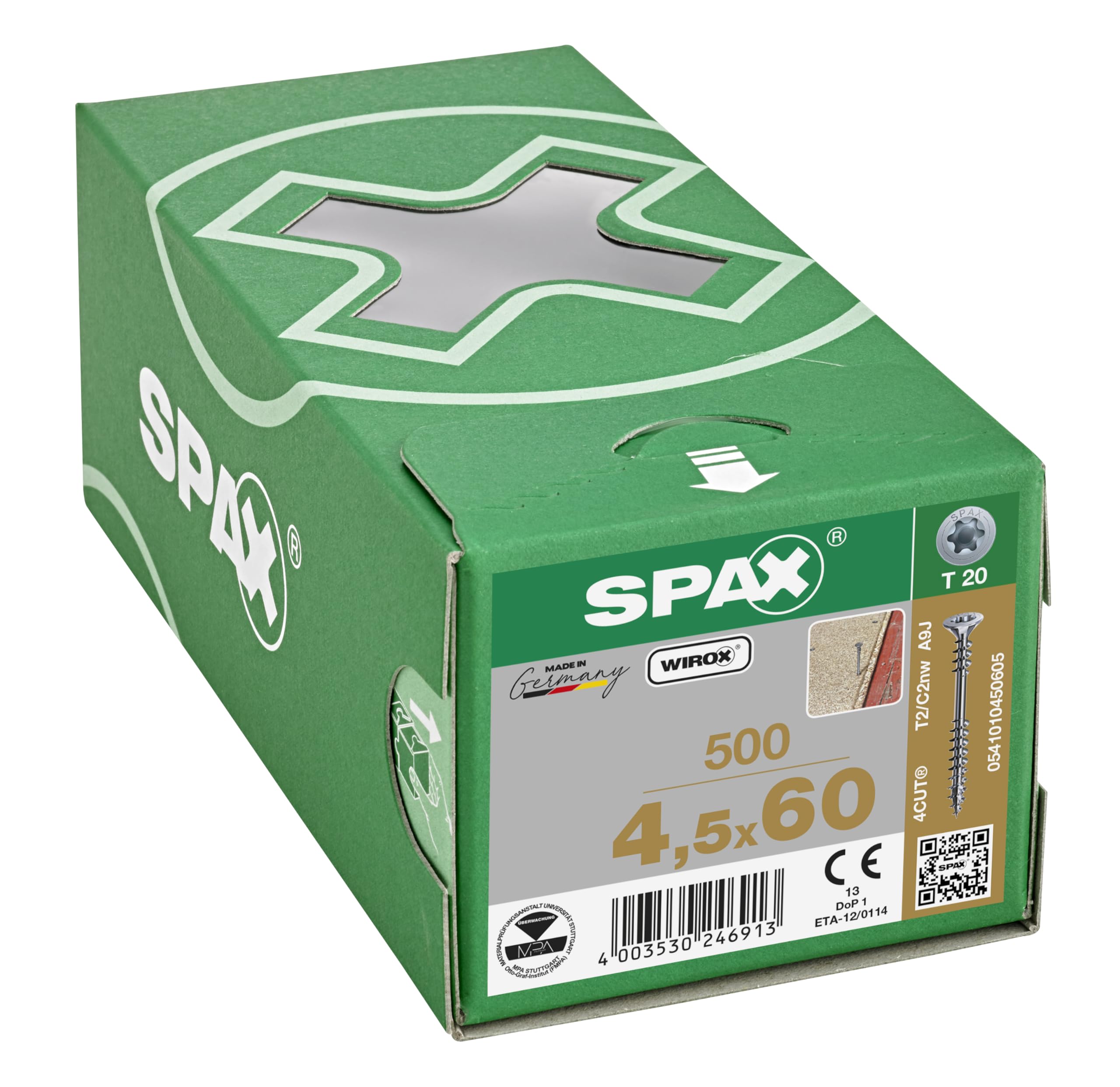 SPAX Vis plancher, 4,5 x 60 mm, 500 pièces, Filetage de fixation, Tête fraisée, T-STAR plus T20, 4CUT, WIROX - 0541010450605