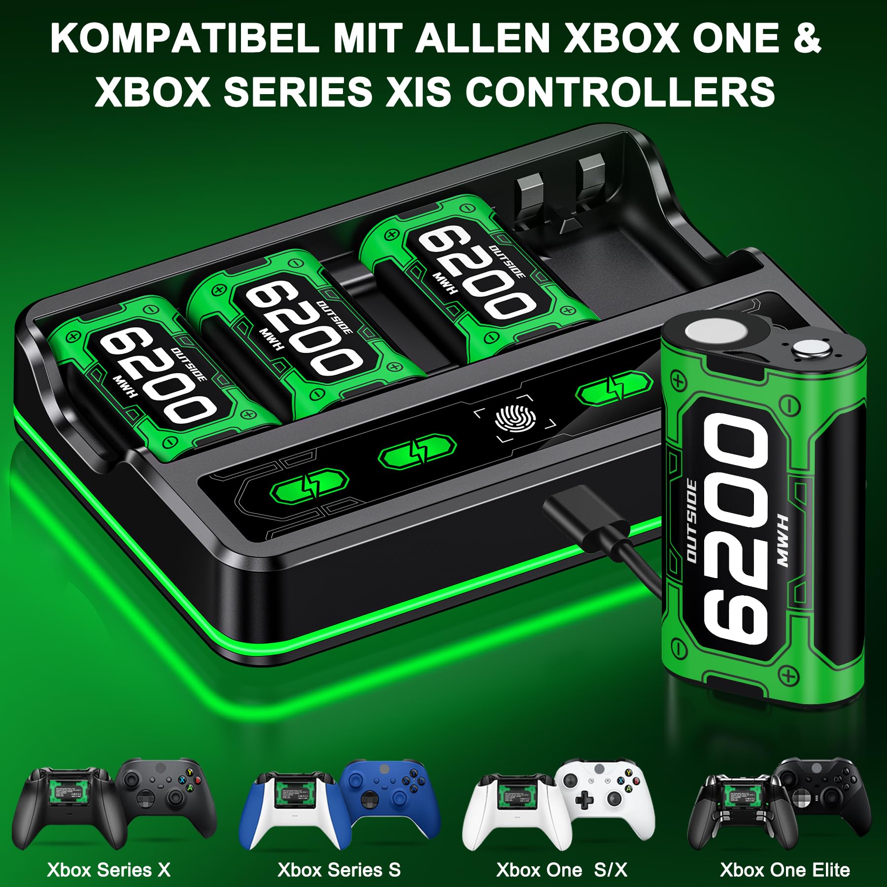 Mocagen 4 Pack 6200mAh Rechargeable Battery Pack for Xbox Series X|S/Xbox One/Elite Controller Charging Station with Touch-Sensor Light Strip, 30+hrs Playtime, Overcharge Protection