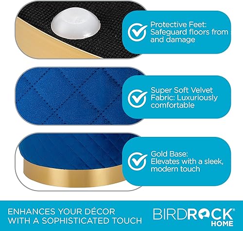 Miniatura 20 de BIRDROCK HOME Taburete otomano redondo de terciopelo con diseño de celosía y ribete dorado, reposapiés suave y acolchado para sala de estar o