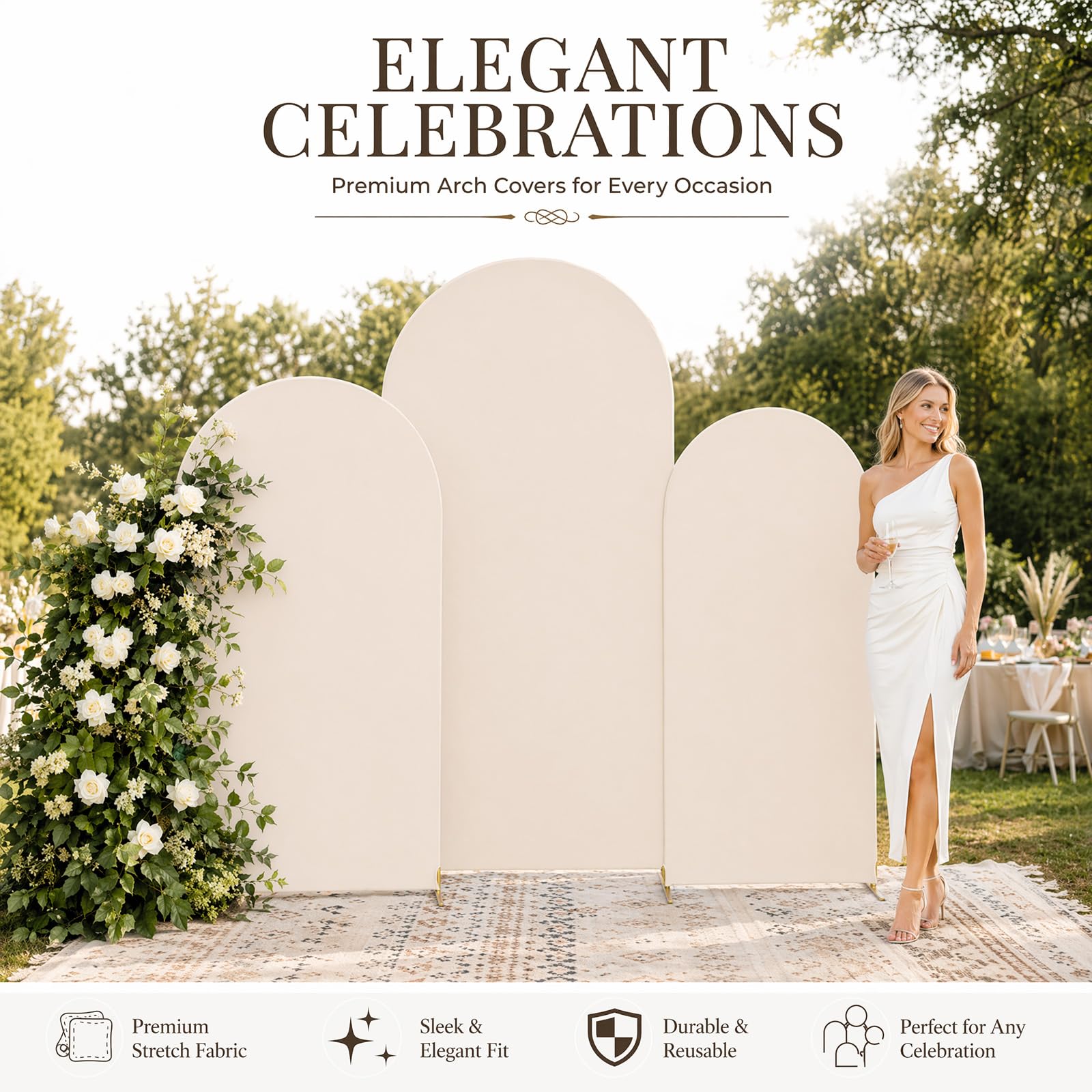 Lot de 3 toiles de fond pour arche de mariage, 1,8/1,5/1,2 m, dessus rond, double face, couverture de cadre pour fête d'anniversaire, cérémonie, banquet (beige)