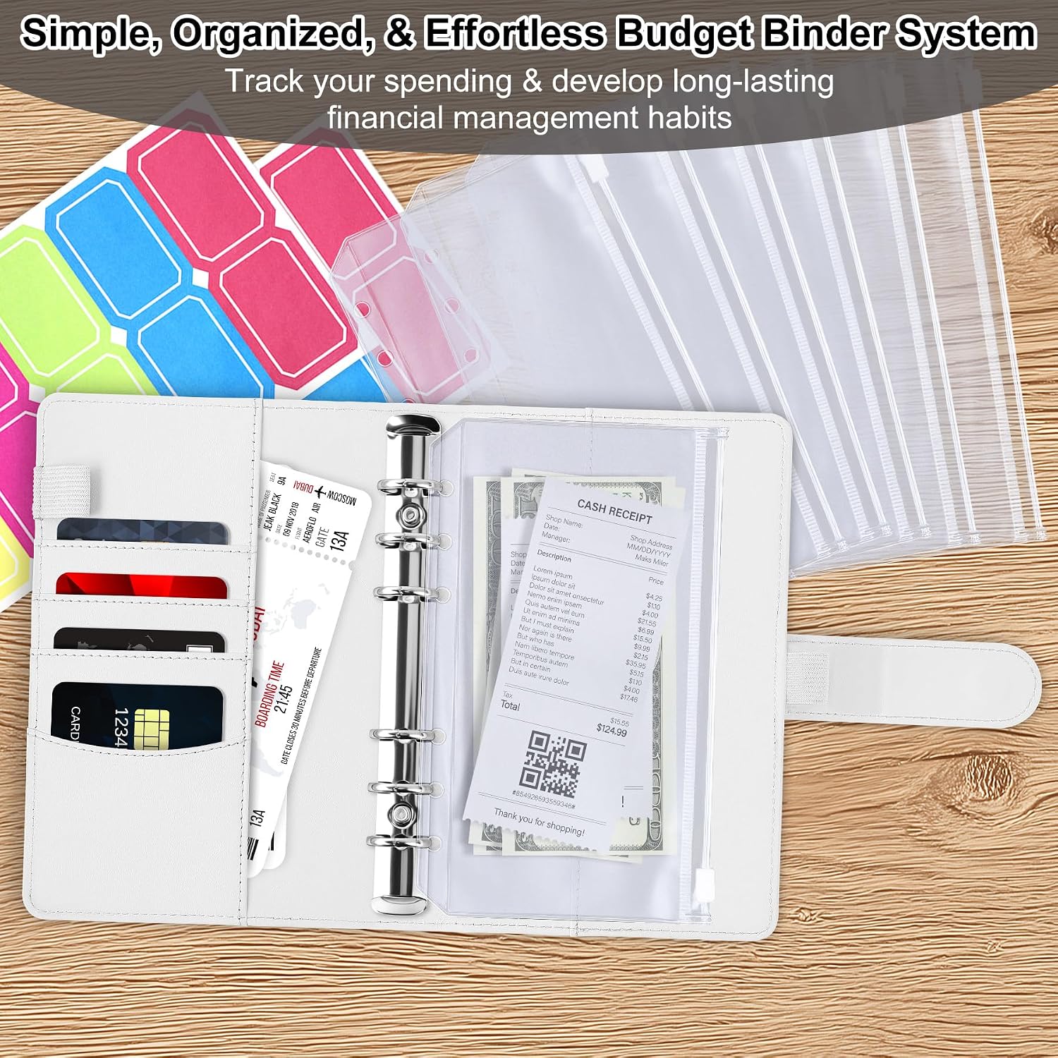 Antner A6 Budget Binder with Zipper Cash Envelopes for Money Organizer & Budgeting, PU Leather Budget Planner Money Saving Binder with Cash Stuffing Envelopes & Labels for Home Office Travel, White