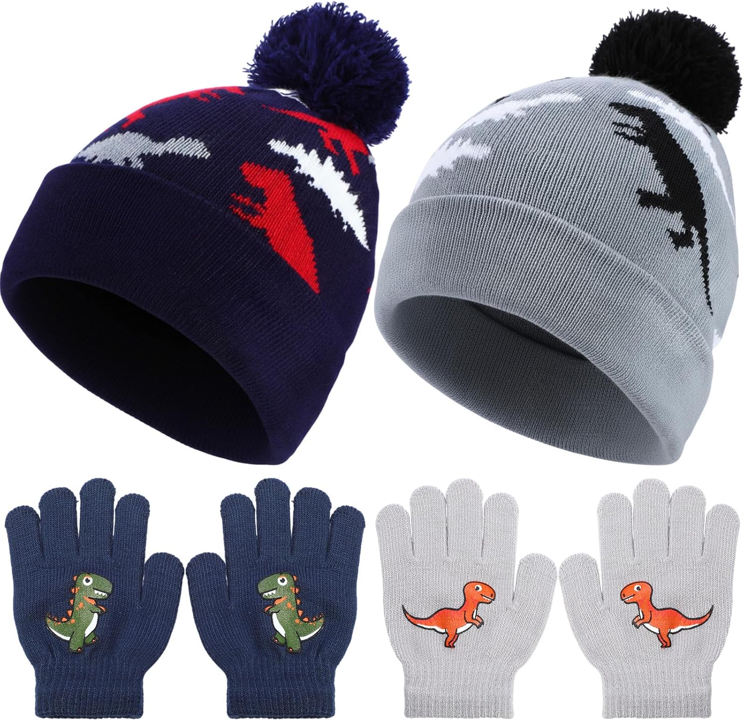 2 Sets Winter Boys Kids Hat Gloves Set Toddler Warm Hat with Gloves Pom Knit Baby Winter Soft Dinosaur Hats for Girl