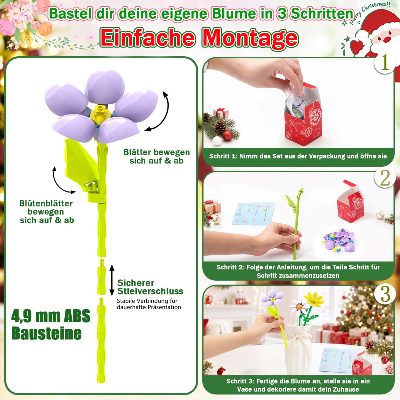Calendario dell'Avvento 2026 con fiori, per ragazze, regalo per conto alla rovescia di 24 giorni | 24 mazzi di fiori unici, mattoncini ABS da 4,9 mm, compatibili con marche comuni, per adolescenti e donne, dai 8 anni in su