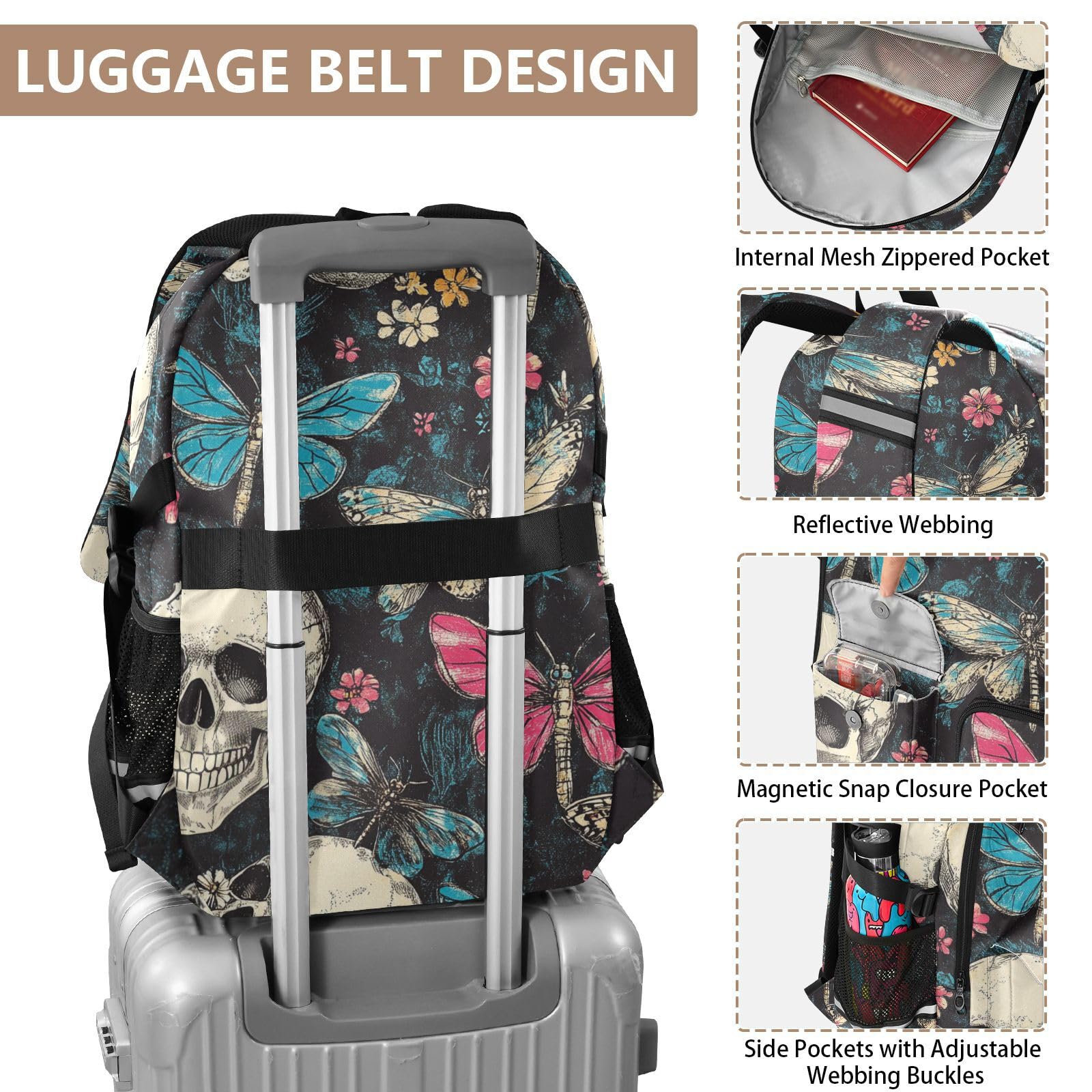 Mochila de viaje grande para mujer, calaveras, flores retro, mariposa, trabajo, universidad, escuela, mochila de 17.5 pulgadas con compartimento para laptop, bolsa ligera casual