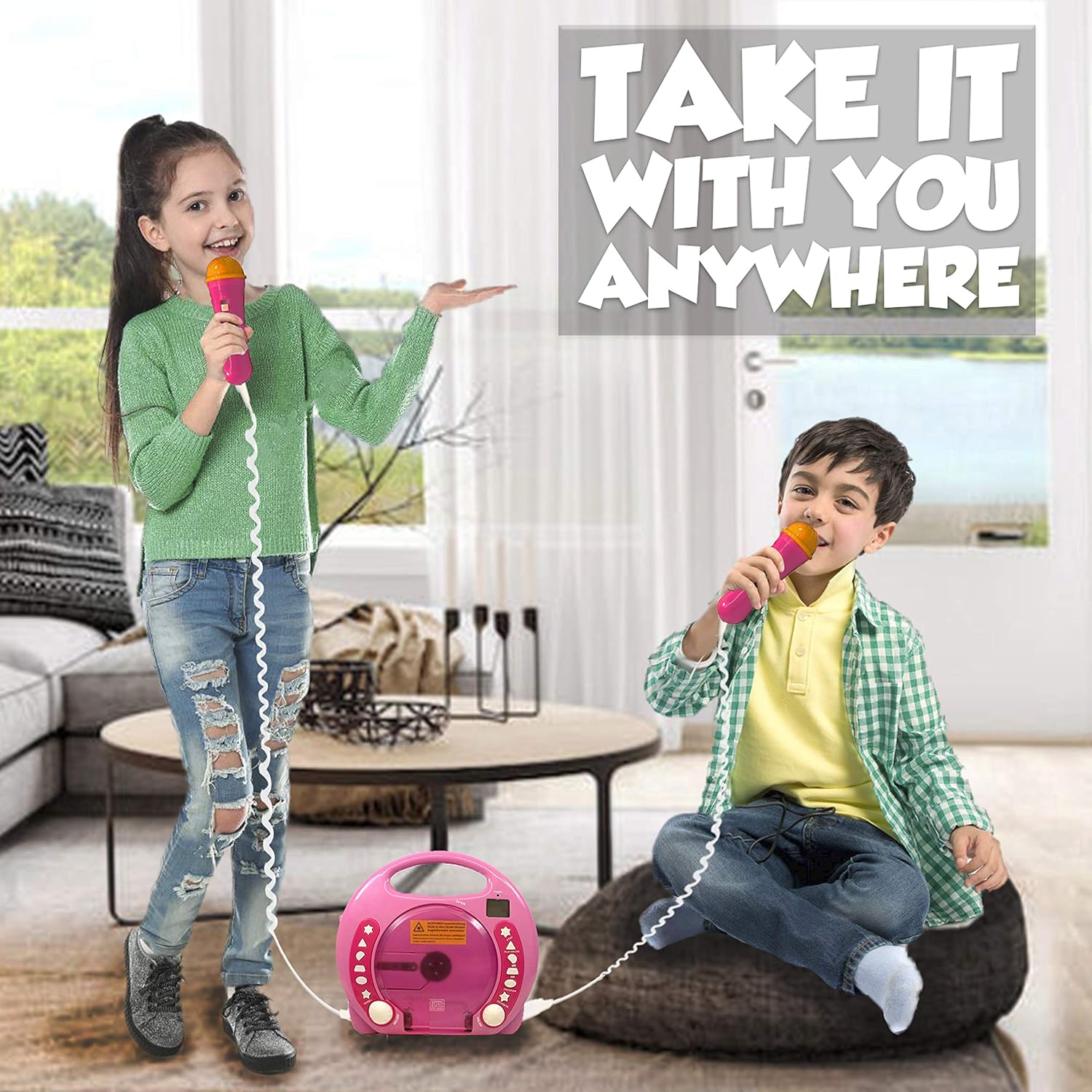 IQ Toys Anti Skip CD-USB-SD Player with 2 Microphones and AC Adapter Portable Kids Karaoke Machine Sing Along Music Player, Hot Pink. CD Not Included