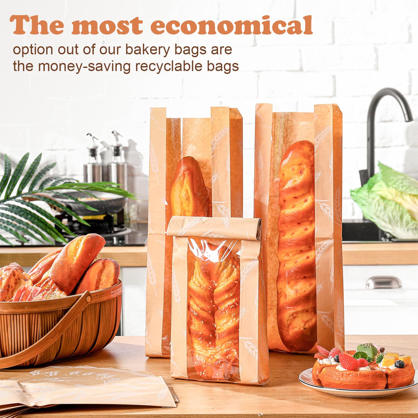 Affrolling 100 bolsas de pan de papel con ventana a granel para bolsas de pan caseras, bolsas largas de pan francés, bolsas de almacenamiento de panadería de 18 x 6.5 x 2 pulgadas, bolsas de