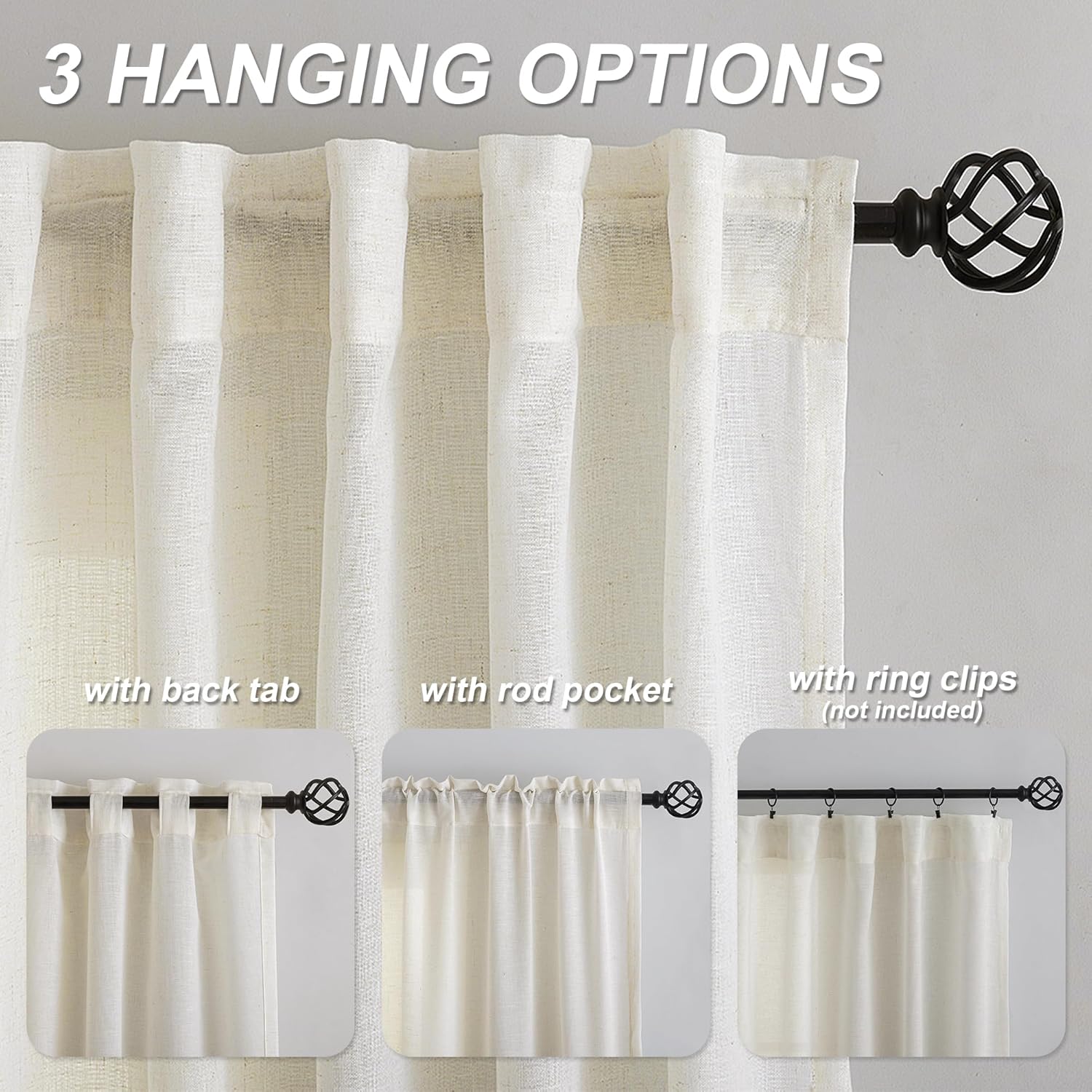 mstexa Natural Linen Curtains for High Ceiling Living Room Custom Drapes Linen Semi Sheer Window Curtain Neutral Boho Farmhouse Sheer Curtain 52x216
