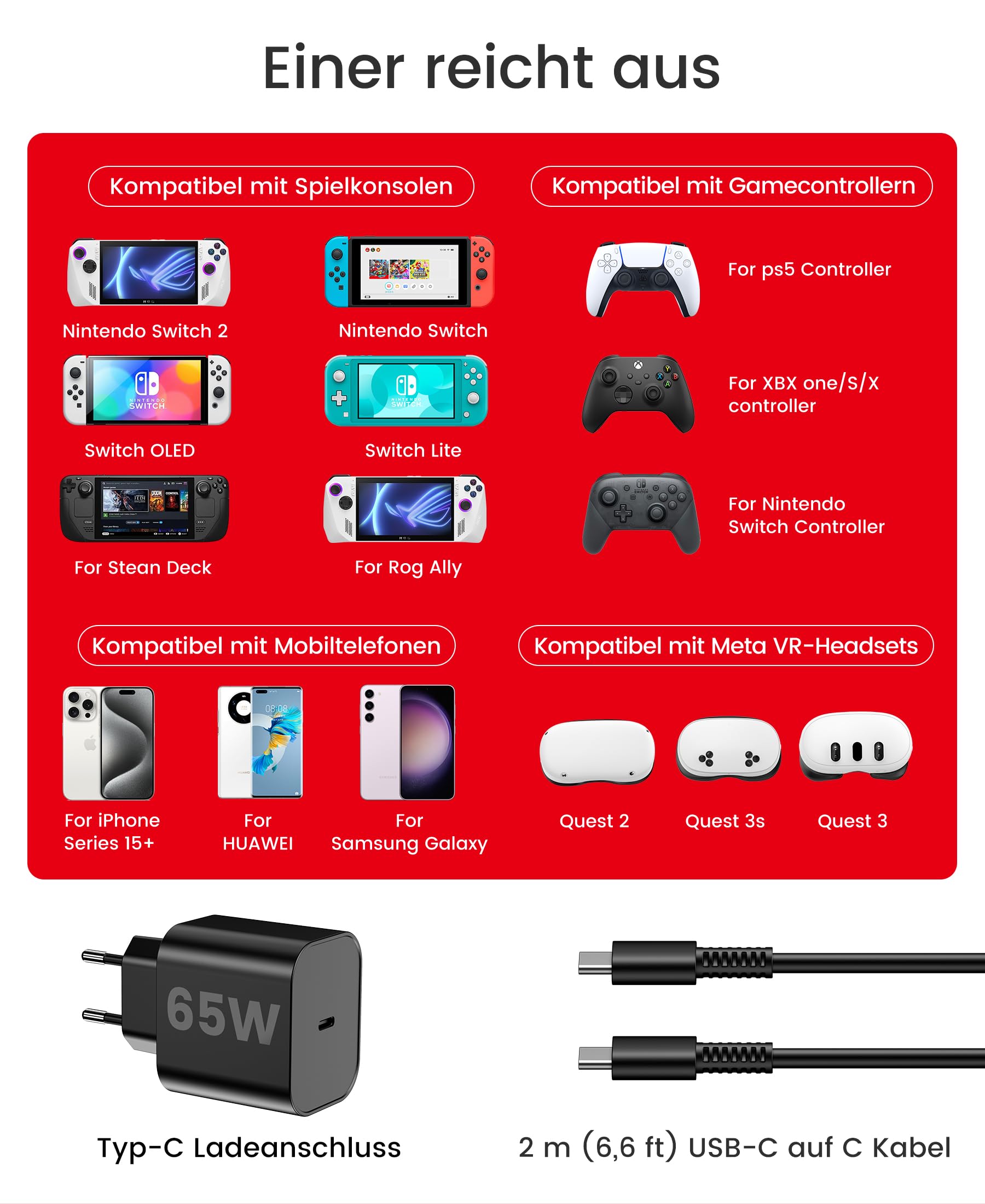 HELLCOOL 65W Switch 2-Netzteil mit 6,6ft (2m) Ladekabel – GaN 3.0 AC Adapter Ladegerät für Nintendo Switch 2/OLED/Lite, Steam Deck, ROG Ally – Unterstützt 4K TV Docking Modus – PD3.0 Schnellladung